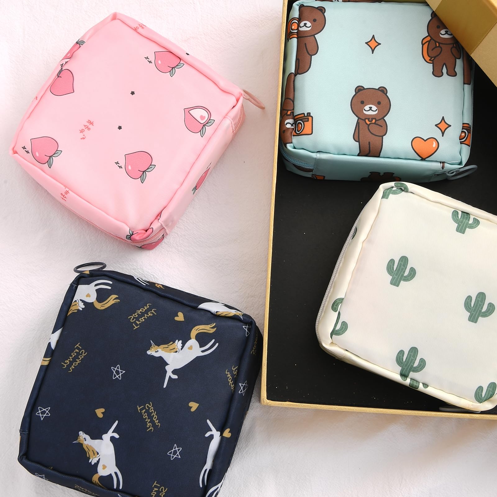 Abeillo 4 x Damenbinden-Aufbewahrungstaschen, Mini-Menstruationstasche, Periodenbeutel, wasserdicht, Tampon-Organizer, Tasche, Tampon-Pad-Halter für Geldbörse, erste Periode für Teenager, Mädchen,