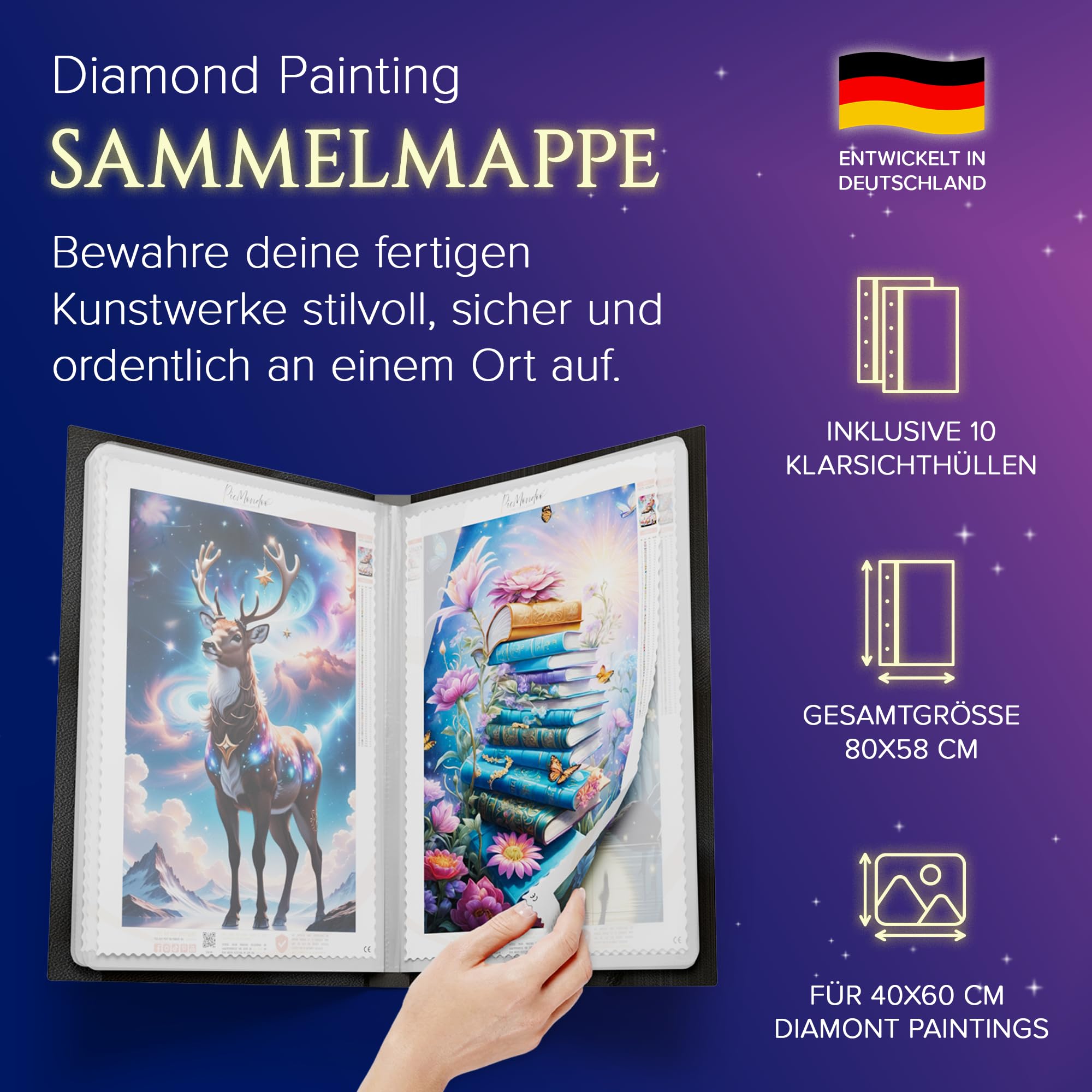 Picmondoo Diamond Painting Sammelmappe A2-80x58cm | 10 Klarsichthüllen für 40x60cm Bilder, schwarze A2-Mappe, erweiterbar & knickfreie Aufbewahrung