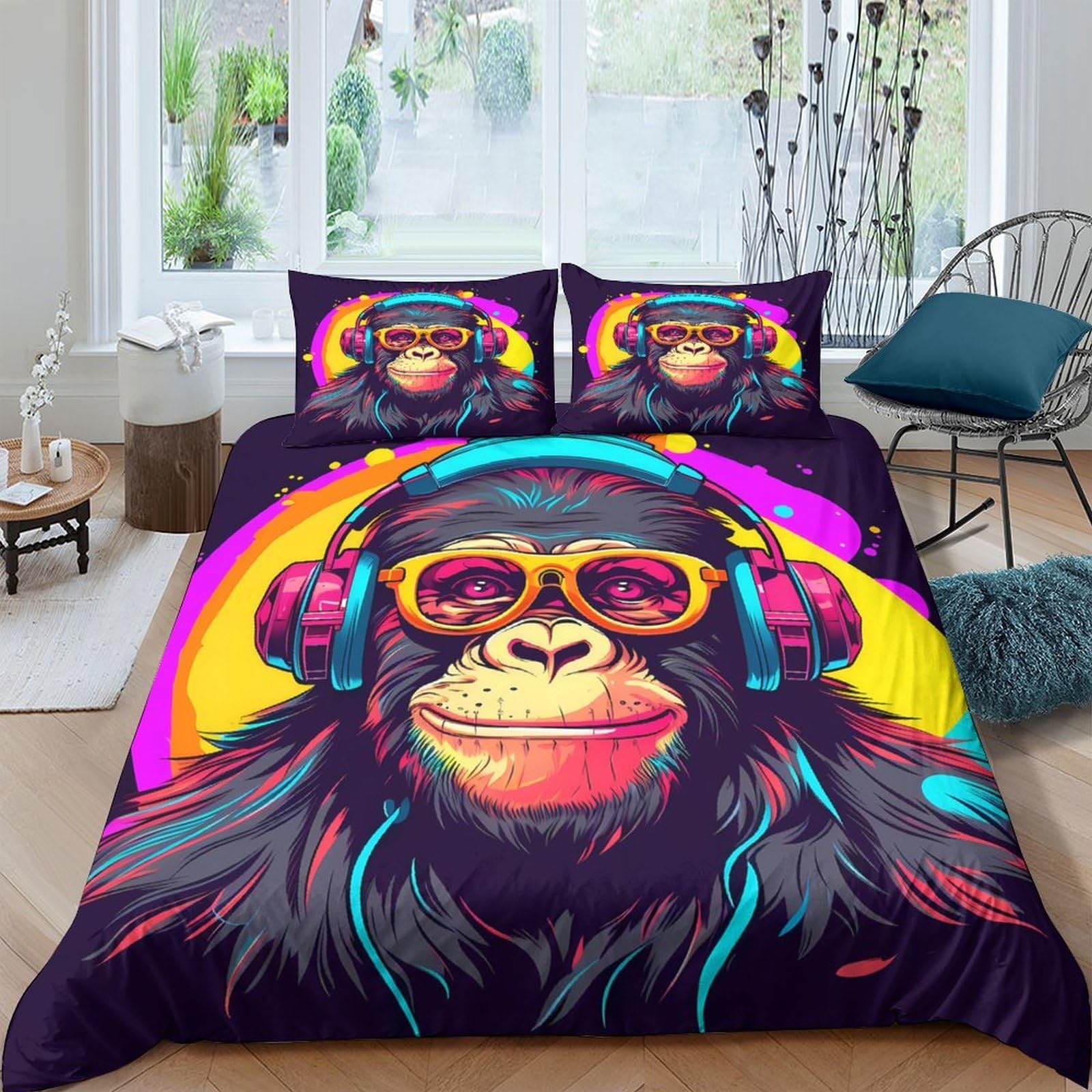 Ctjqhvkz Style-3 3D Printed Headphone Monkey Fitted Sheet Microfiber Colourful Graffiti Mattress Cover For Bedroom Guest Room Decor Single（135X200cm）