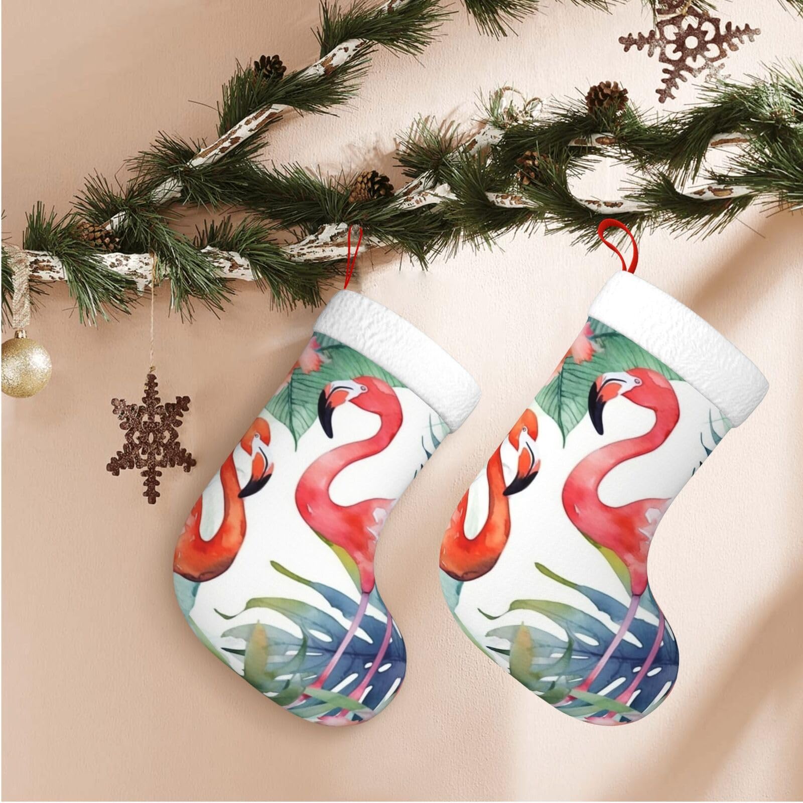 17.7" Christmas Stocking 1 Piece, Flamingos Watercolor Tropics Xmas Stockings with White Plush Cuff Fireplace Hanging Stocking for Christmas Holiday Party Decoration