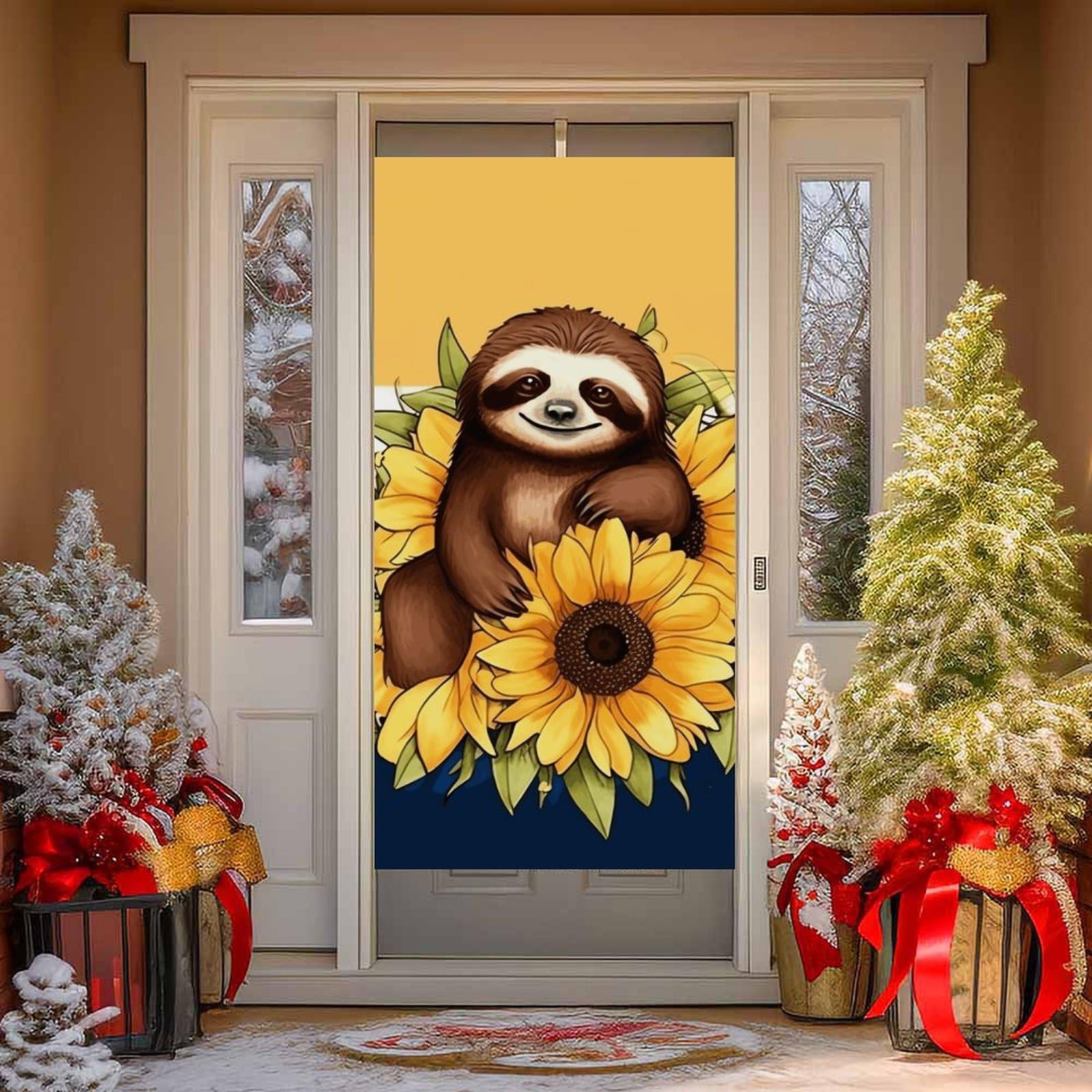 Cartoon Sloth Sitting on Sunflower Door Curtains for Doorway Privacy Dividers Door Banner Blackout Curtains Fabric Door Window Curtain for Home Bedroom Kitchen Decor 35.4x70.9 in Decorative Banner