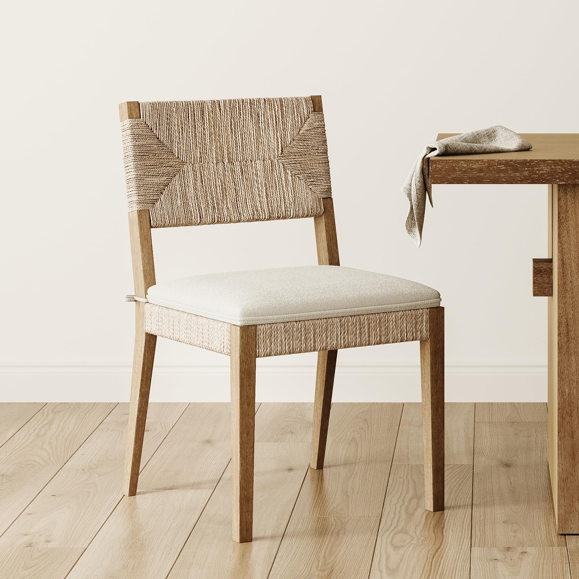 Photo 1 of ** NEW** Nathan James Beacon Boho Dining Chair, Boucle Dining Chair with Seagrass Accent and Solid Wood Legs, Cream Boucle/Light Brown