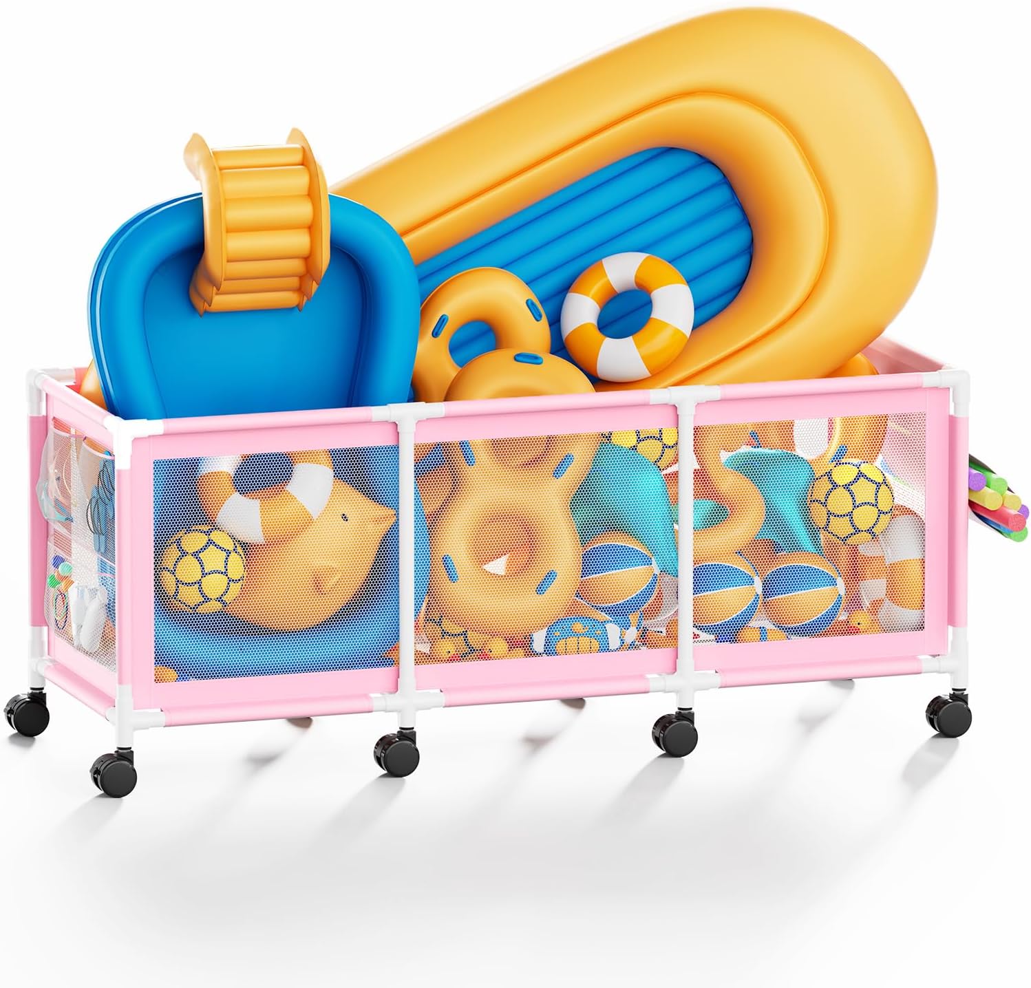 365 Gallon 103" Pool Storage Bin XXXL Extra Large Swimming Pool Float Storage Bin, Pool Noodles Holder, Toys, Floats, Balls and Floats Equipment Mesh Rolling Storage Organizer Bin, 103" Lx32 Wx35 H Pink