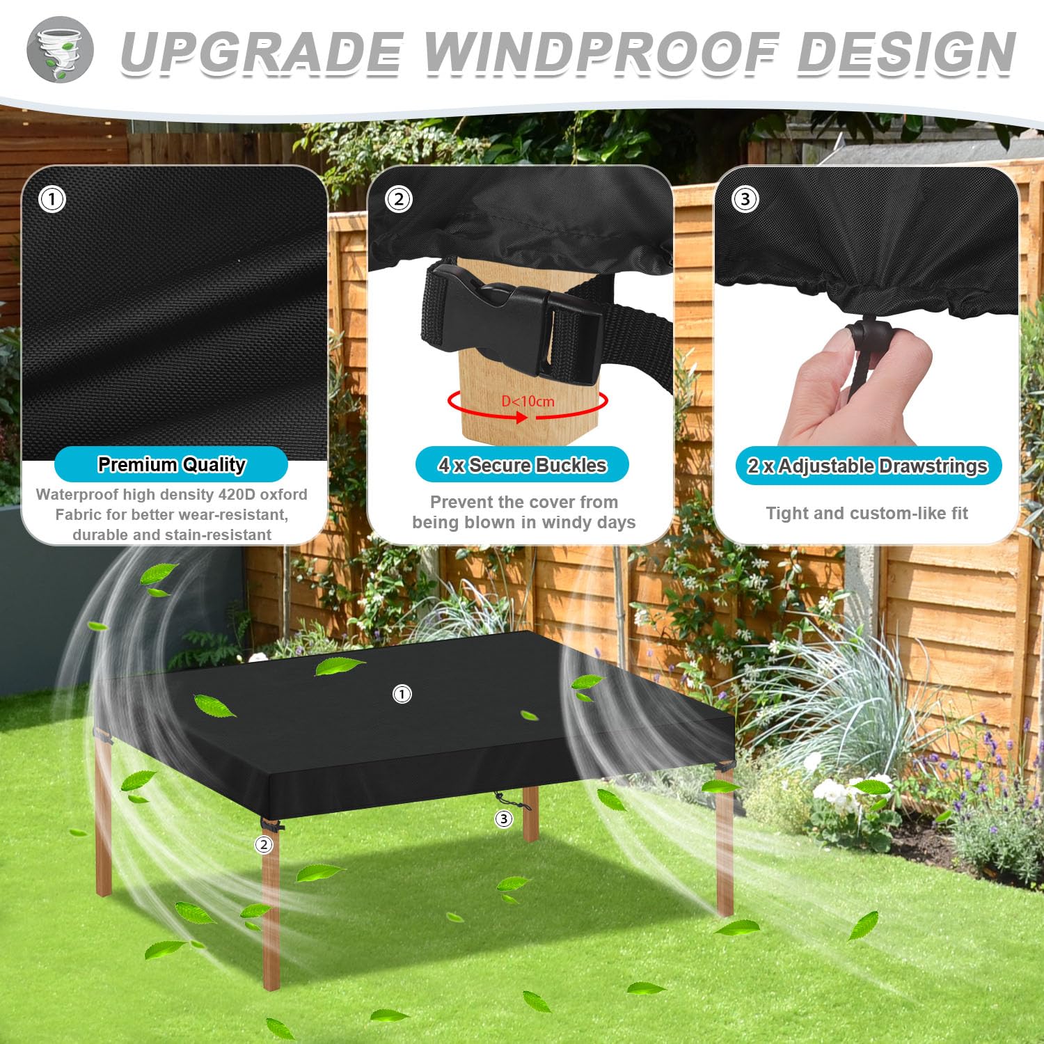 SIMPHAUS Copritavolo da Esterno 160x90x15cm Copri Tavolo e Sedie da Esterno Teli Copertura Tavoli Copertura Mobili da Giardino Impermeabile Resistente UV Tessuto Oxford 420D