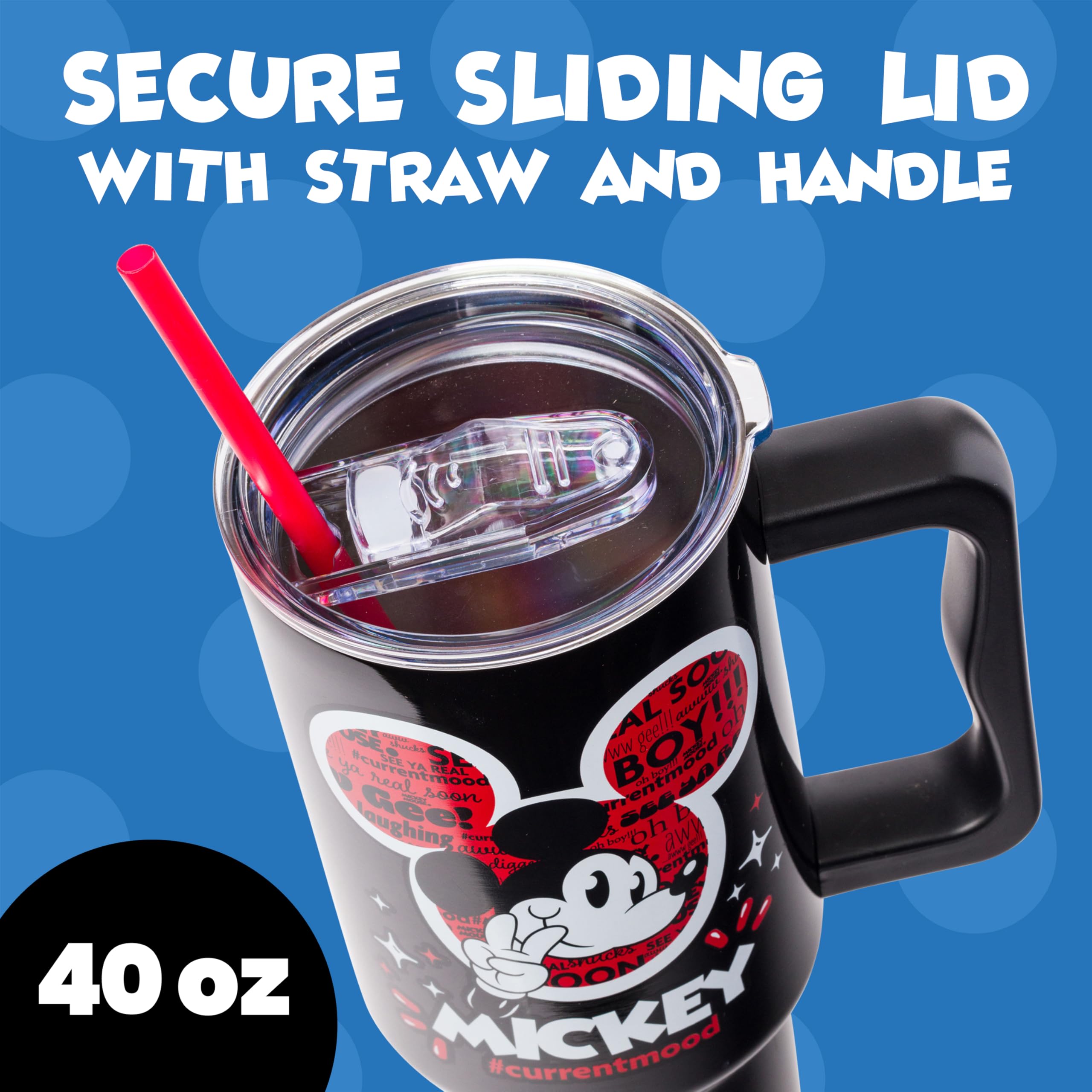 Silver Buffalo Disney Mickey Mouse Trinkglas, Edelstahl, 1.134 g | Classic Hashtag Current Mood #currentmood, doppelwandig, Griff, Strohhalm, passt in Standard-Becherhalter, 1,18 Liter
