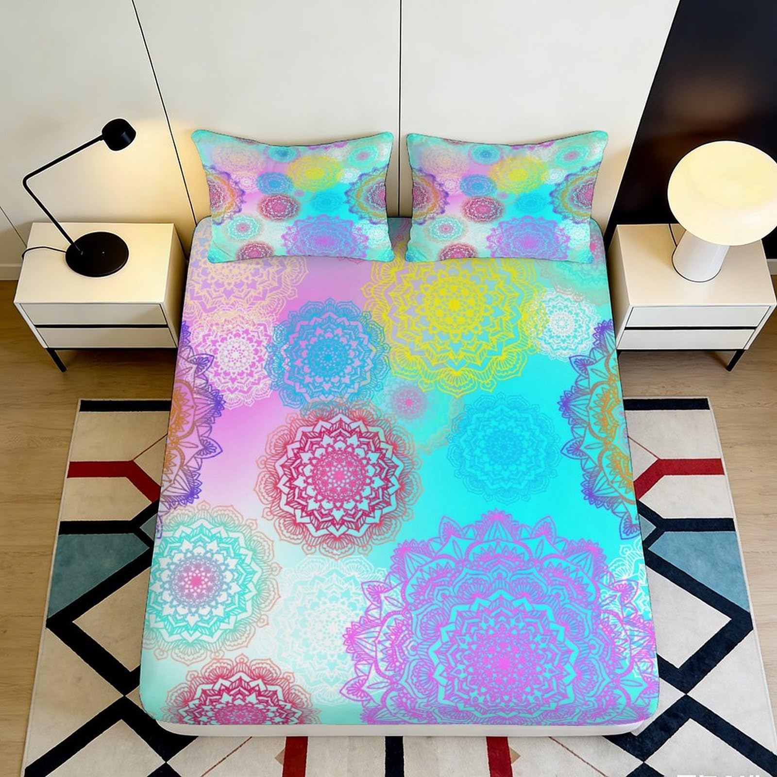 Jqzkxnhpbr Style-7 3D Printed Mandala Pastel Fitted Sheet Microfiber Soft Anti-Slip Kaleidoscope Bed Cover For Bedroom Dorm Decor 90X200x25cm