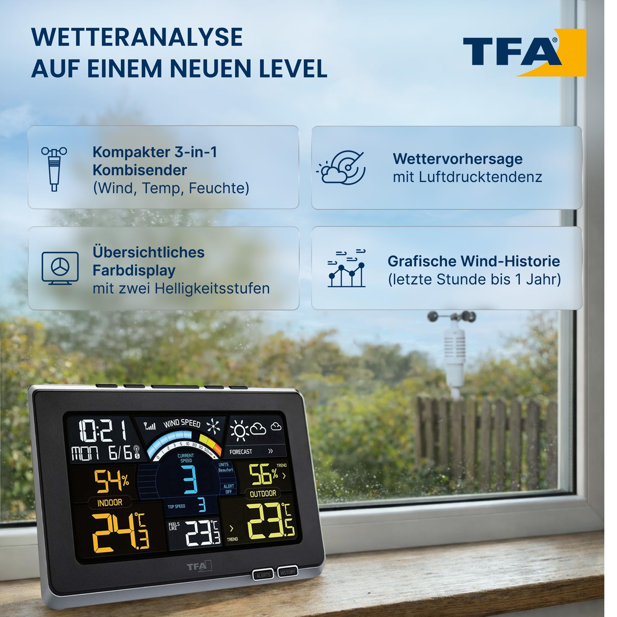 TFA Dostmann Spring Breeze Funk-Wetterstation, 35.1140.01, inkl Windmesser, mit Farbdisplay, Wettervorhersage mit Alarmgrenzen/Symbolen, inkl Funkuhr, Historie, Windgeschwindigkeit, Taupunkt, schwarz
