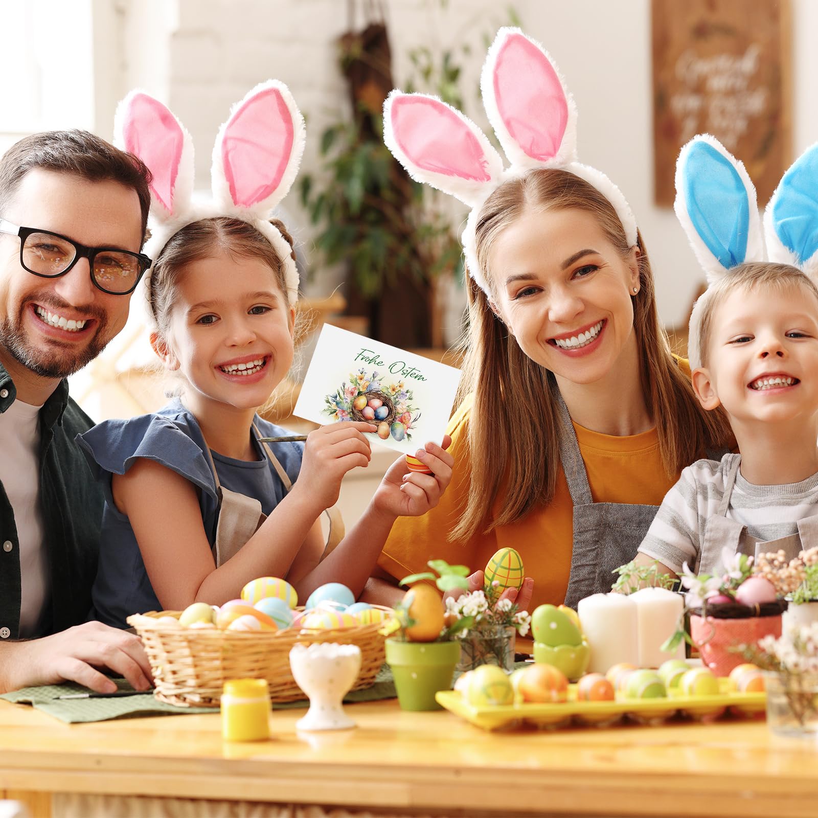 Zestaw 12 niemieckich kartek wielkanocnych z kopertami, otwieranych, z zajączkami i jajkami, Happy Easter