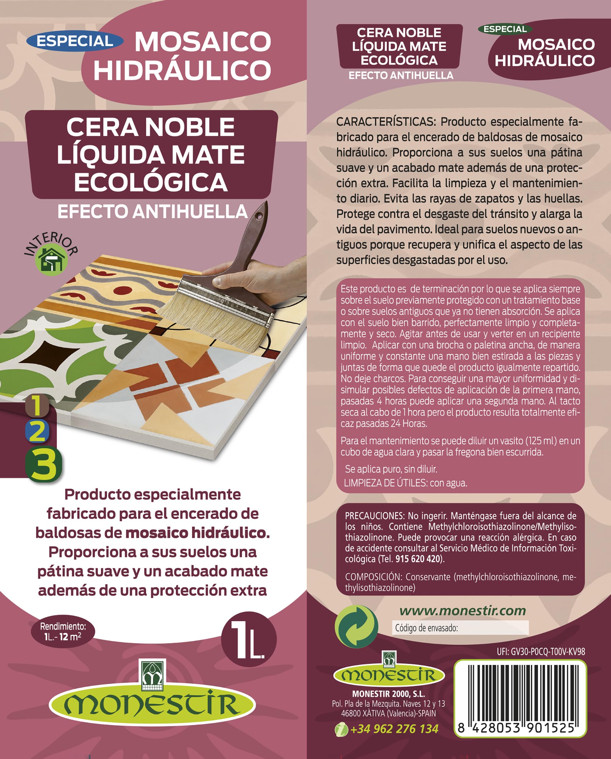Monestir Cera Líquida Ecológica Mate, especial mosaico hidráulico 1L