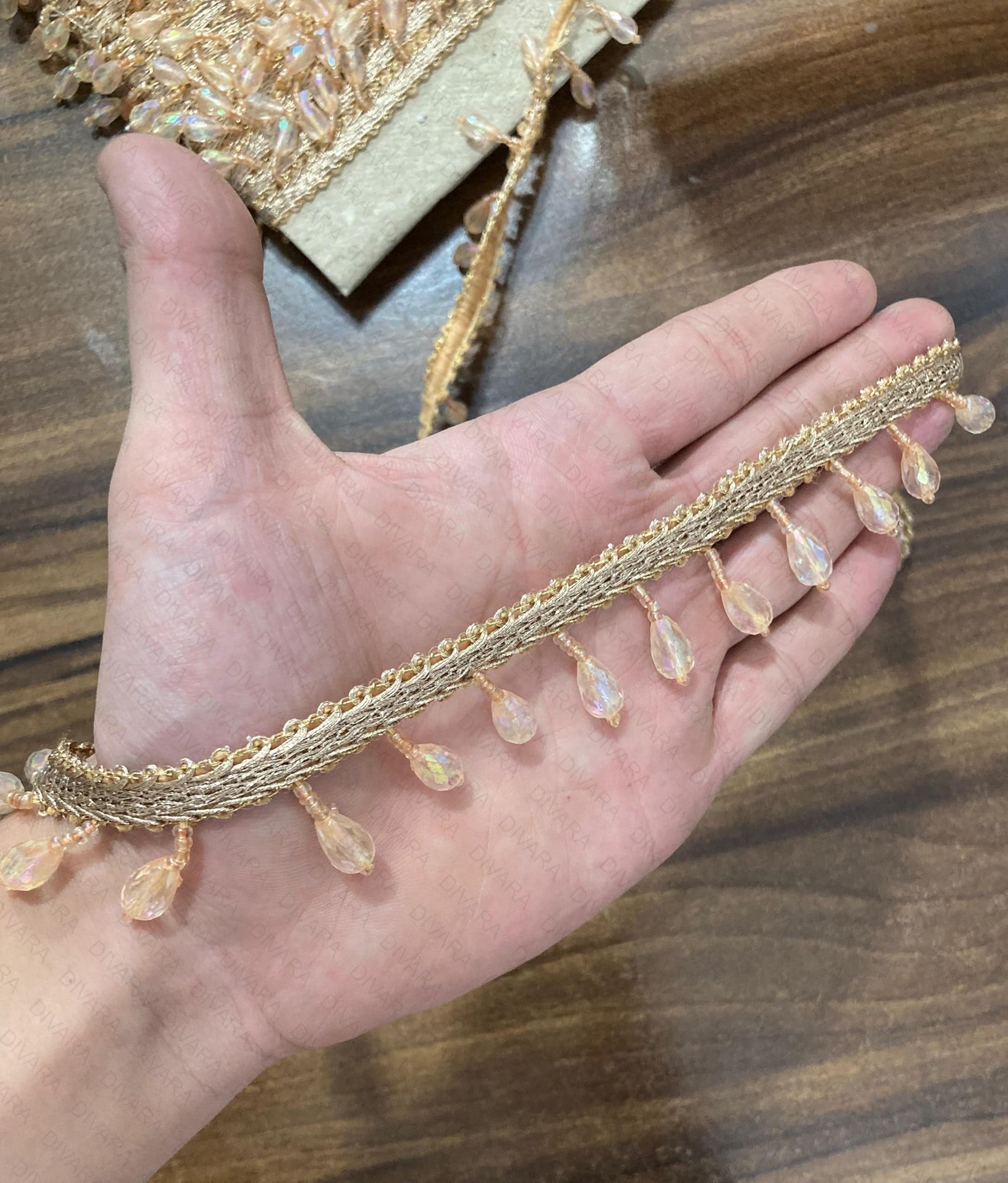 Divara Rose Gold Hanging Crystal lace,Decorative Beaded Trim, Gold Lace with Pink Pearl and Crystal Drops, Rose Gold,Length- 4 Meter,Width- 25mm-image-23