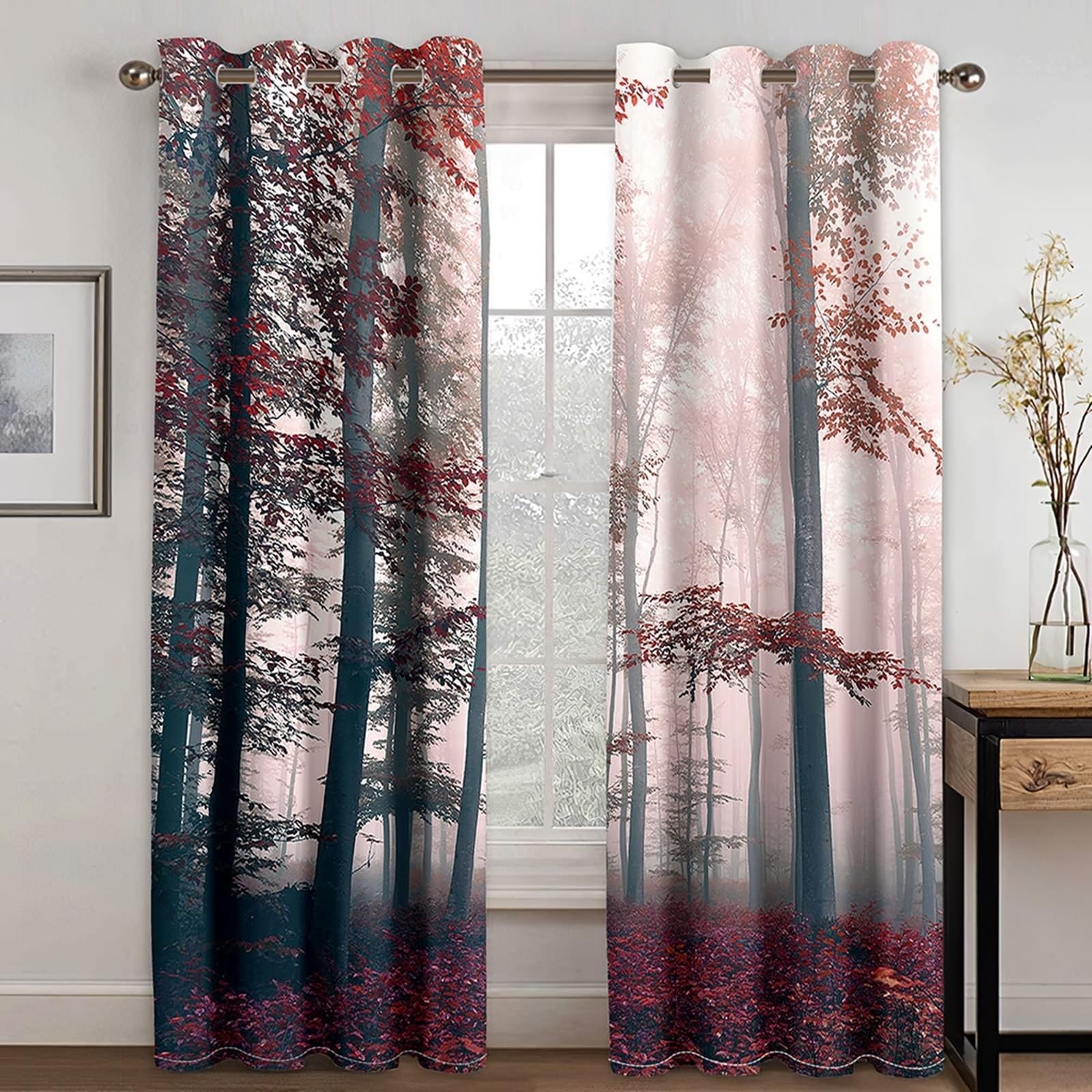 Wycian Barra Cortina Cortinas Gris Gris Oscuro Rojo 2 Piezas Poliéster Paisaje Bosque Brumoso 234L X 229H Cm Premium Modo Actualización 3.0
