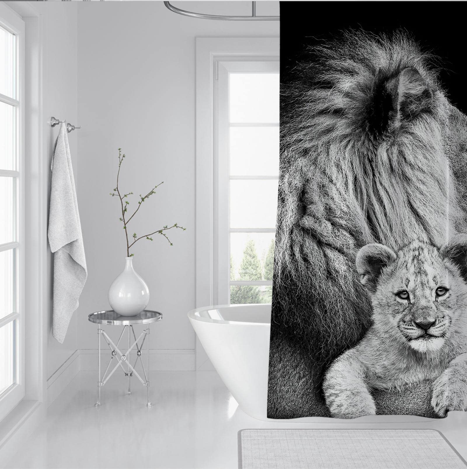 Cortina de Ducha Negra para baño Animal Lion Baby Protegiendo la privacidad Cortinas de baño con Ganchos Cortina de Ducha Impermeable de fácil Cuidado W190xL220cm