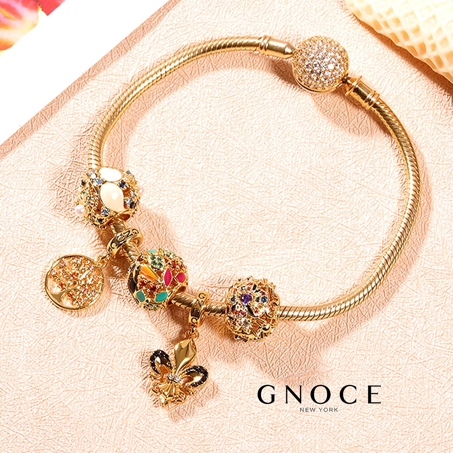 GNOCE Charm Bracelet Sterling Silver Rose Gold Plated DIY Snake Chain Endearing Gifts for Her Basic Charm Bracelet Dainty Bangle with Crystal Round Shape Clasp