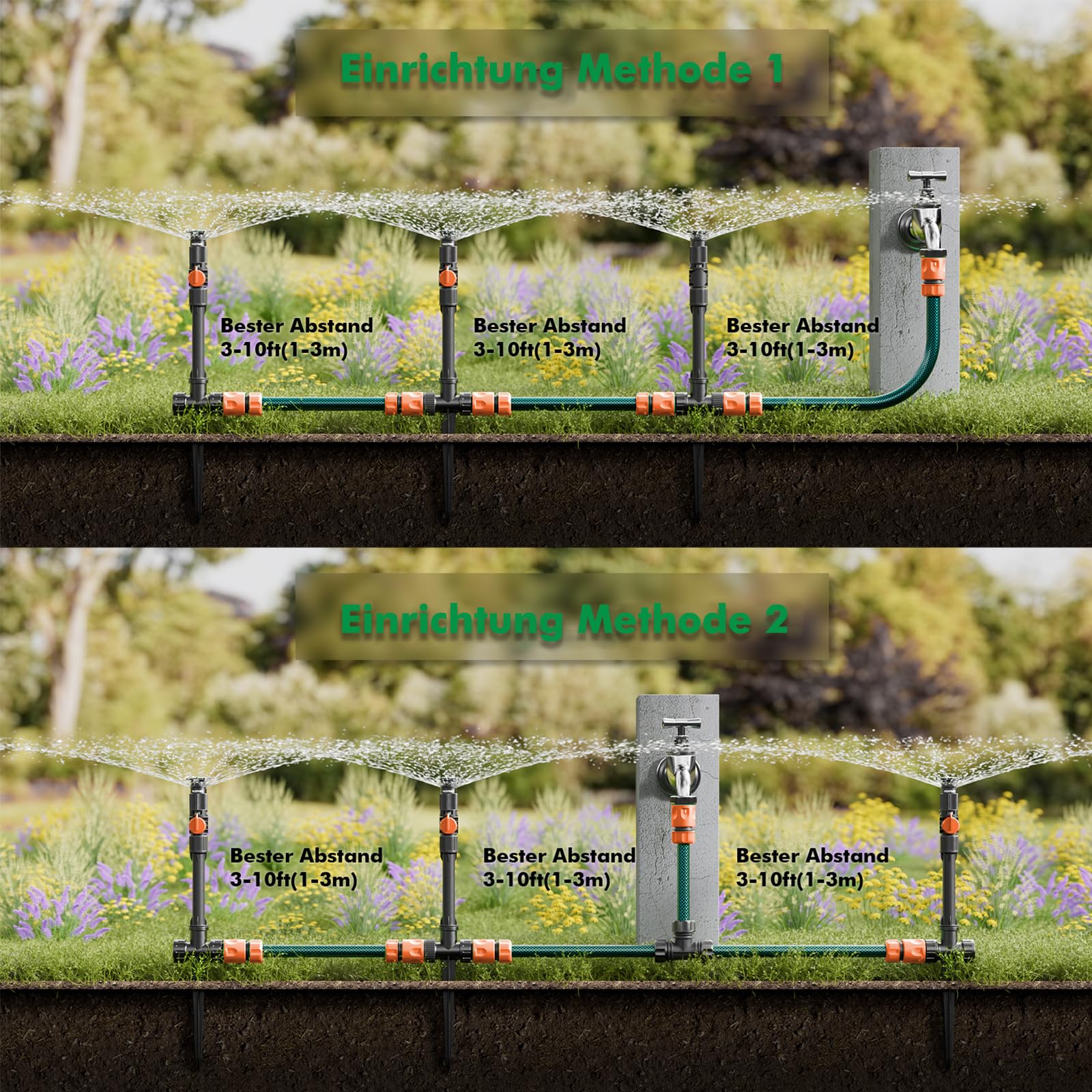 RESTMO 3er-Pack Rasensprenger mit Erdspieß zur Gartenbewässerung, Mehrfach einstellbares Rasensprinkler, Flexibles bewässerungssystem für Garten, Pflanzen und Blumenbeete (ohne Schlauch), Orange