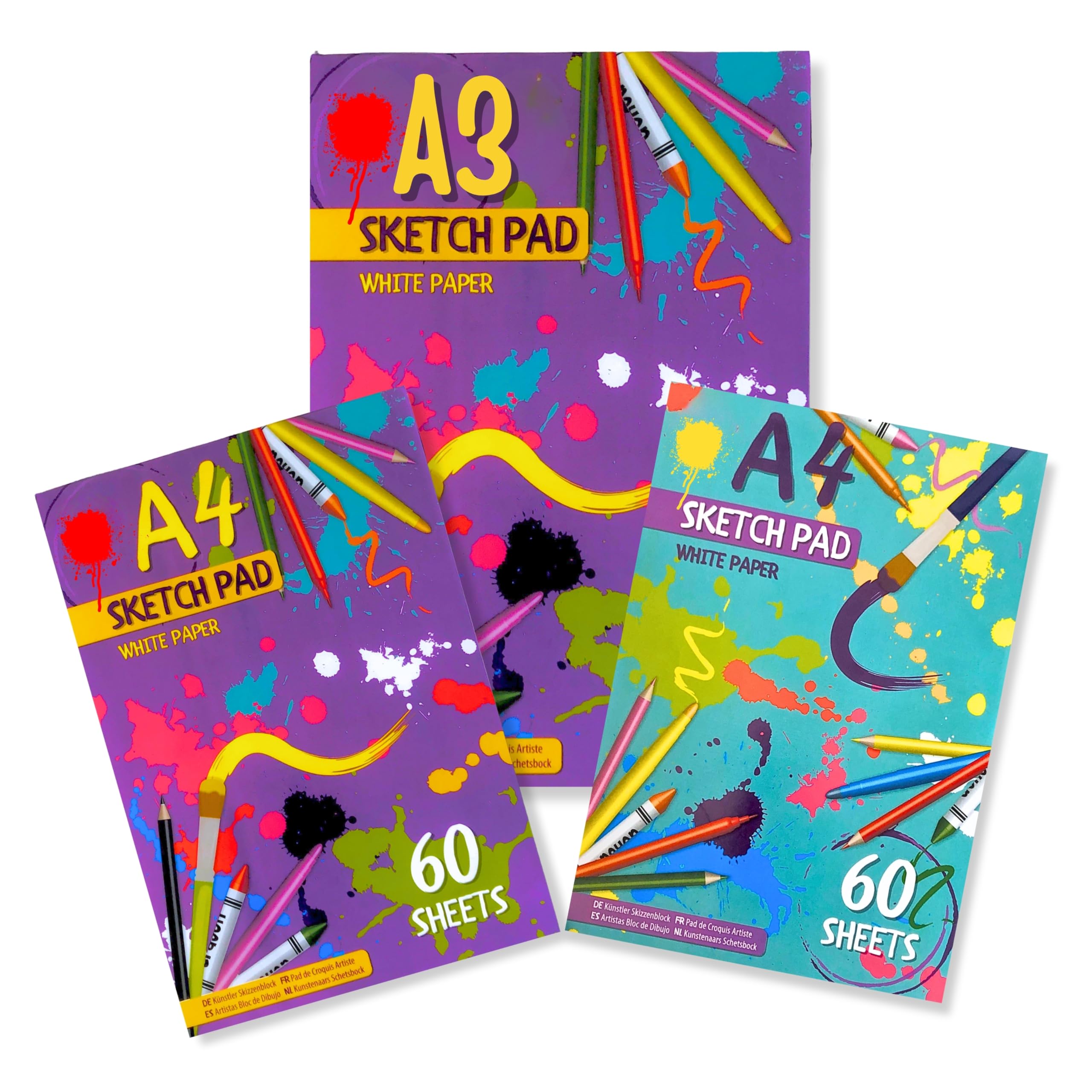 3-Pack Kids Sketchpad Set – 2 x A4 Drawing Pads (60 Sheets Each, 80gsm) + 1 x A3 Sketchpad (30 Sheets, 80gsm) – 150 Sheets Total for Doodling, Sketching, and Drawing