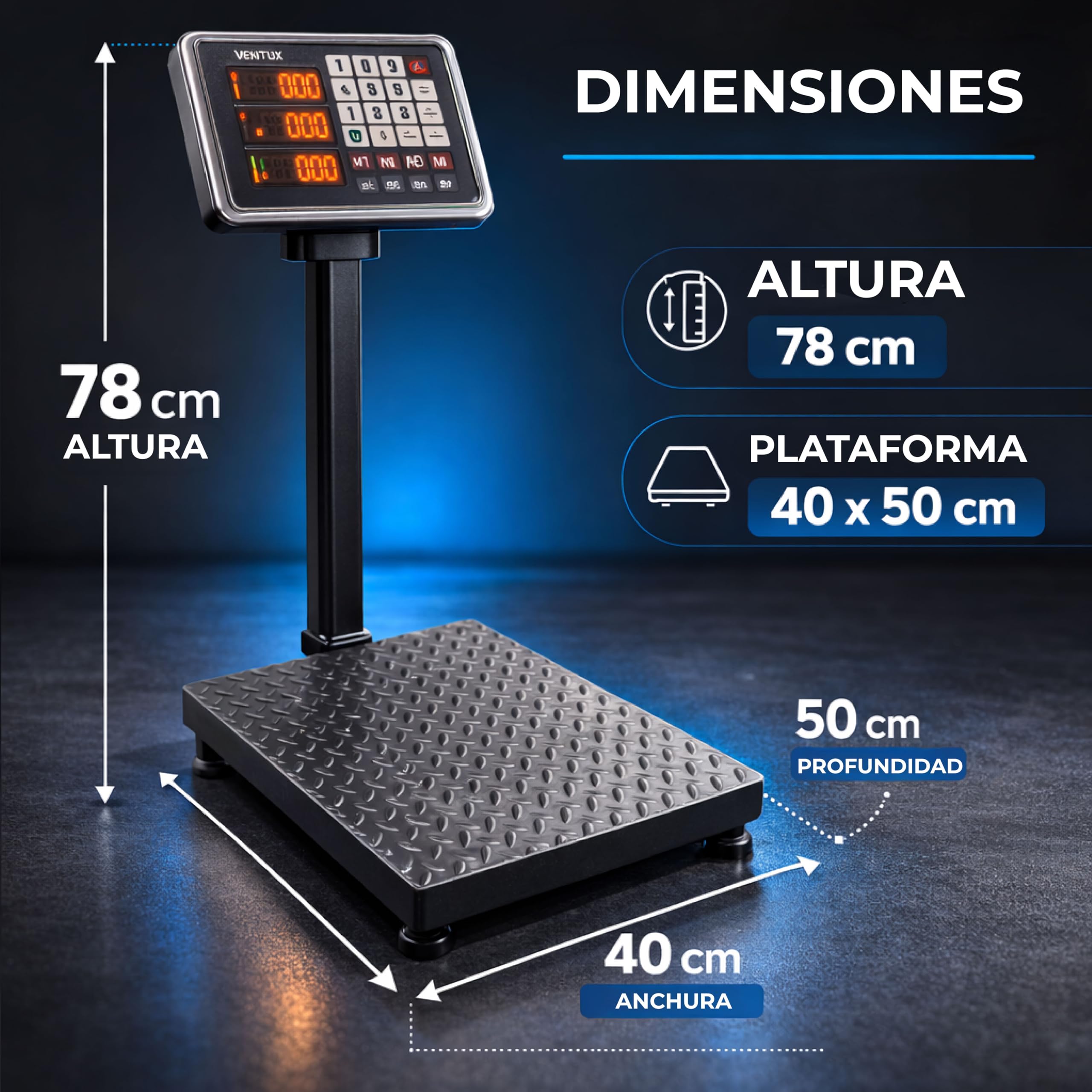 Báscula electrónica de suelo 300 kg | división 50 g | pantalla lcd | memoria para 7 precios | batería recargable y corriente | plataforma antideslizante | báscula industrial y comercial