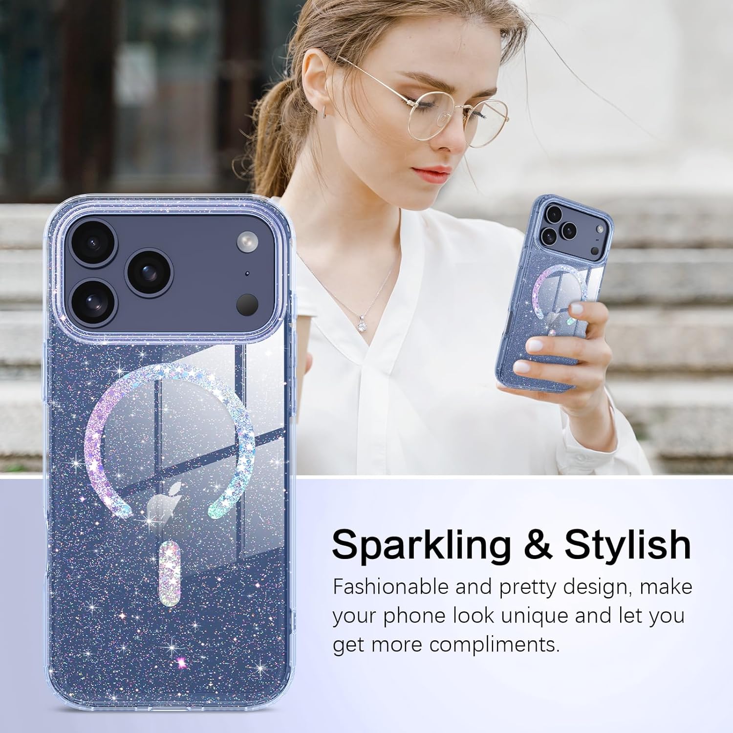 BENTOBEN Magnetic for iPhone 17 Pro Max Case, Clear Crystal Glitter Bling 17 Pro Max Phone Case [Compatible with MagSafe], Shockproof Sparkly Cute Women Girl Cover for iPhone 17 Pro Max, Deep Blue - Image 3
