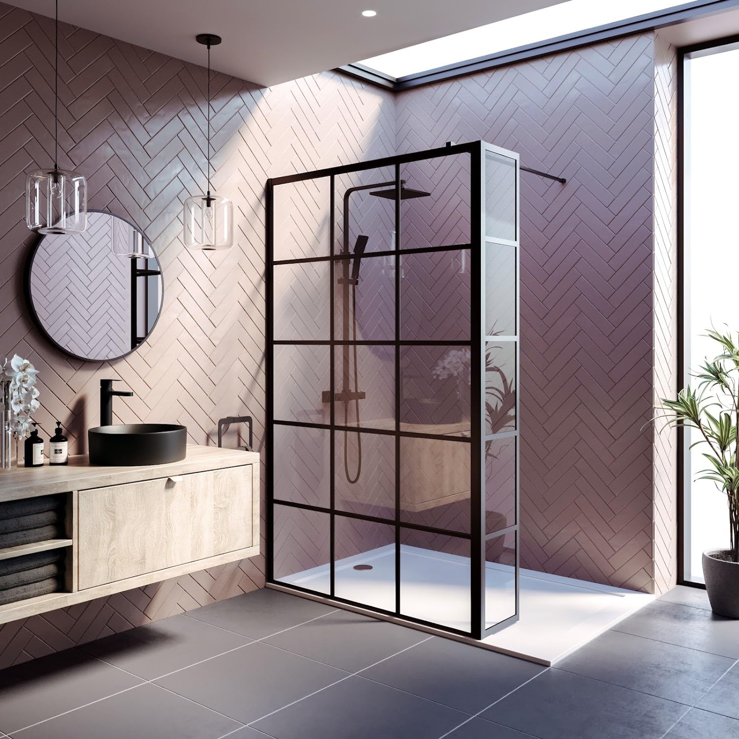 Baystone Black Grid Baystone® 1200Mm Wet Room Shower Screen Panel Grid 8Mm Toughened Safety Glass Walk In Shower Enclosure + Fixed Return Panel, Matt Black