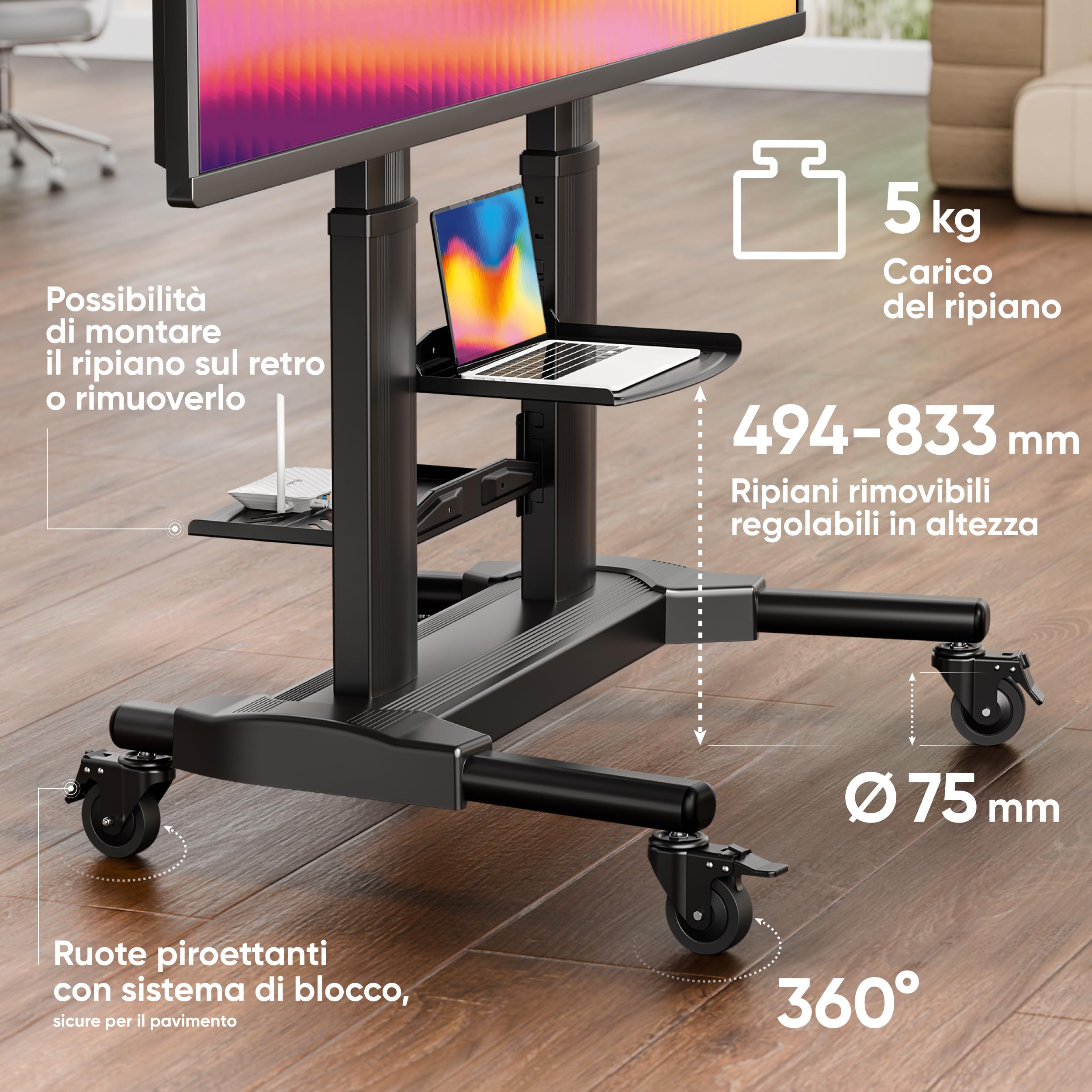 ONKRON Supporto TV da pavimento con Rotelle Mobile TV Universale con Ripiani Carrello porta TV Orientabile Piedistallo TV per schermi 40¨-80¨ fino 45 kg VESA max 700x400 mm