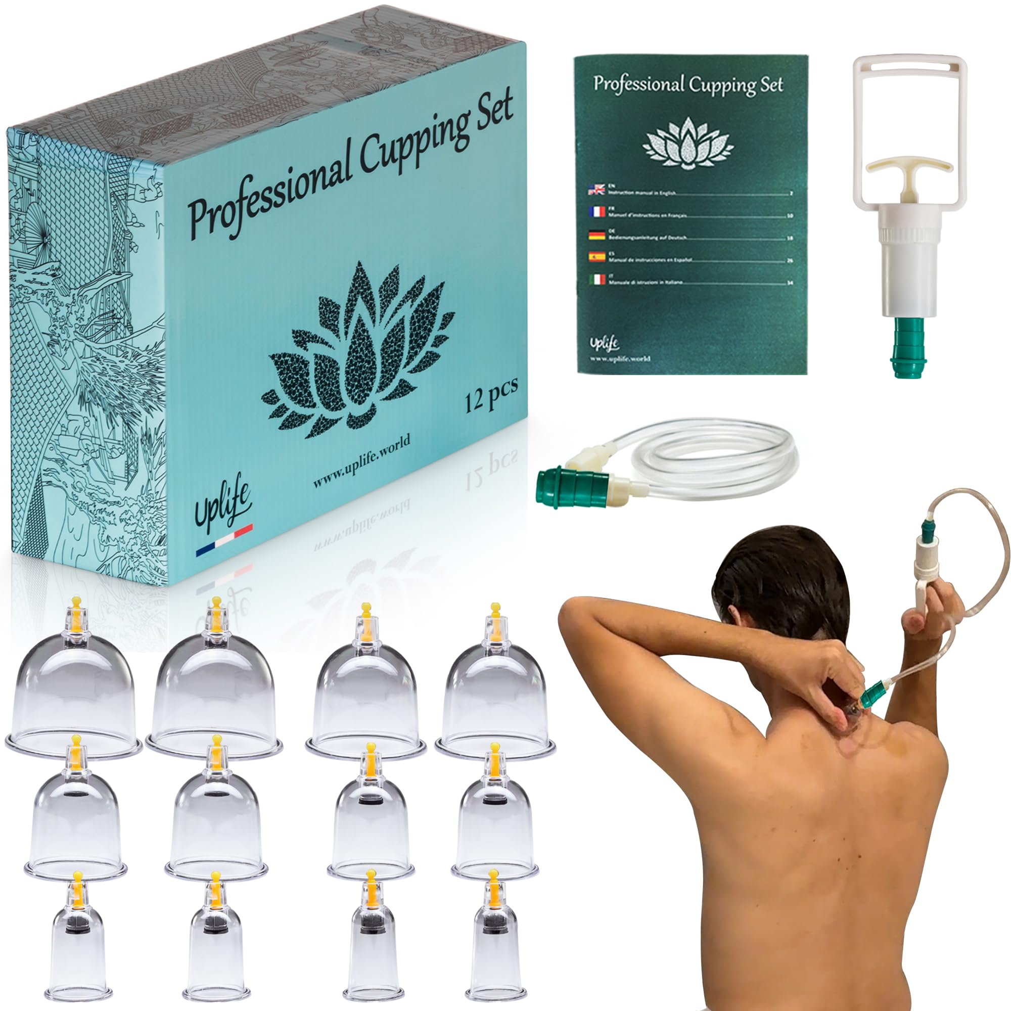 Uplife Schröpfgläser mit Vakuumpumpe - Schröpfset mit Gläsern für Schröpfen & Cupping Therapie - Schröpfgerät & Massage Set Physiotherapie Zubehör - Cupping Set (12 stück)