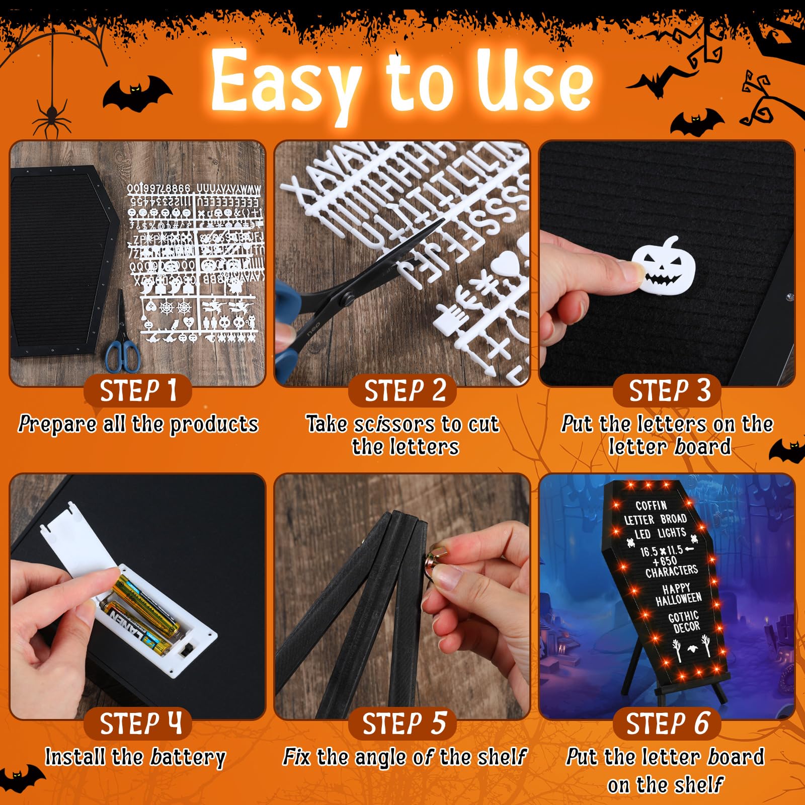 Sintuff Tablero de letras de ataúd con soporte, luces LED integradas, 620 caracteres, patrón de estilo de Halloween, decoración gótica para el hogar, oficina, bistró y escuela (luz LED naranja)