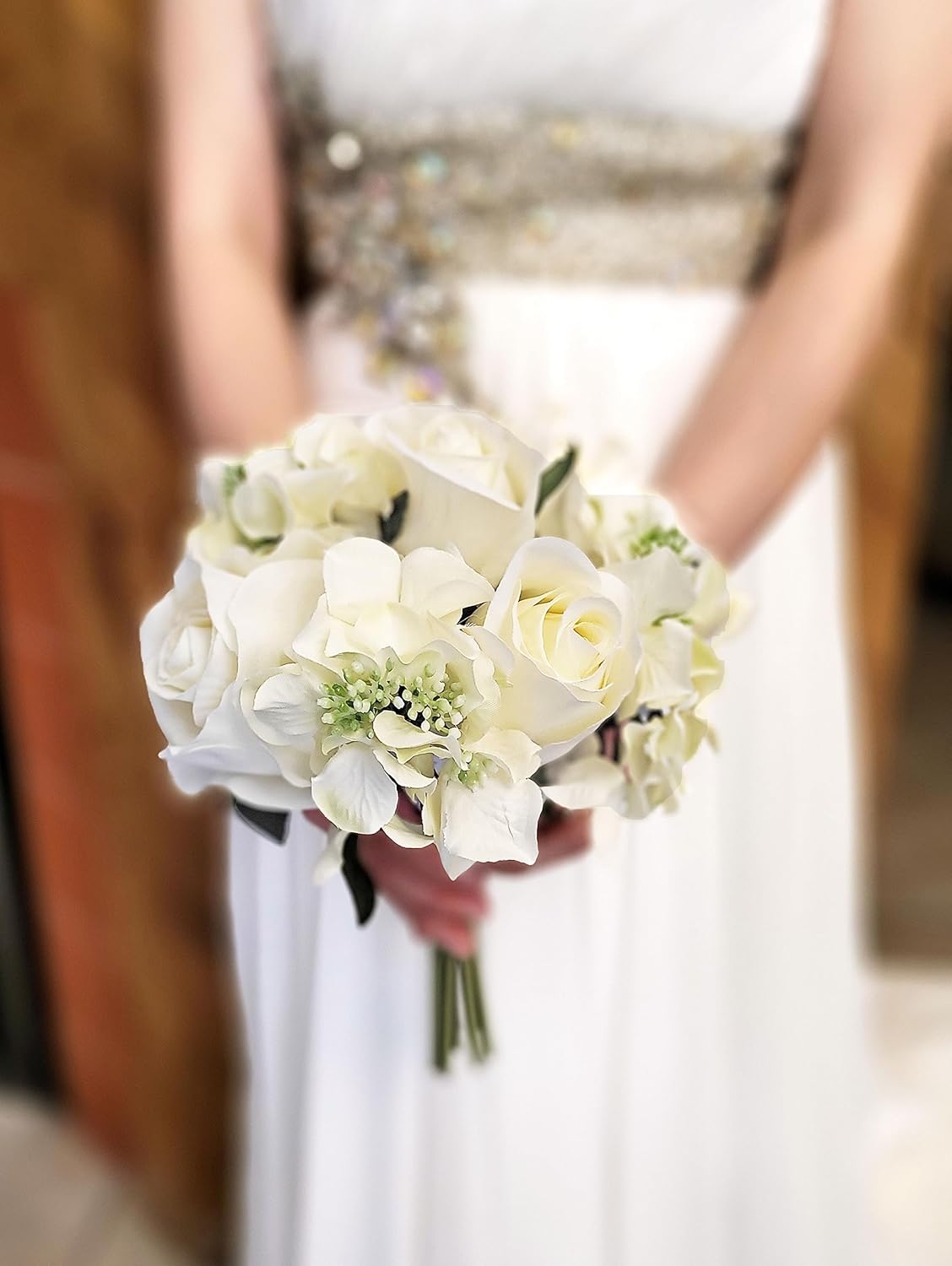 Admired by Nature Artificial Rose Hydrangea Flowers Bouquet, 9 Stems Faux Wedding Bouquet for Bride Bridesmaid, Centerpieces Floral Arrangement Home Decoration GPB8359-CM/GN-2, Cream/Green 2 Pc Set