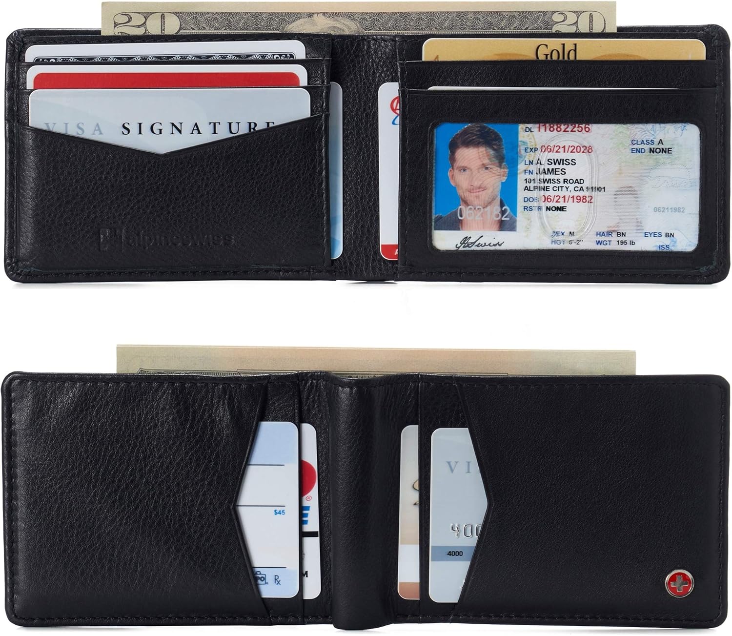 Alpine Swiss Delaney Slim Bifold Wallet | Front Pocket Wallet | 8 Card Slots ID Window | Outside Card Slot| RFID Protected Premium Leather | Gift Box Black - Image 2