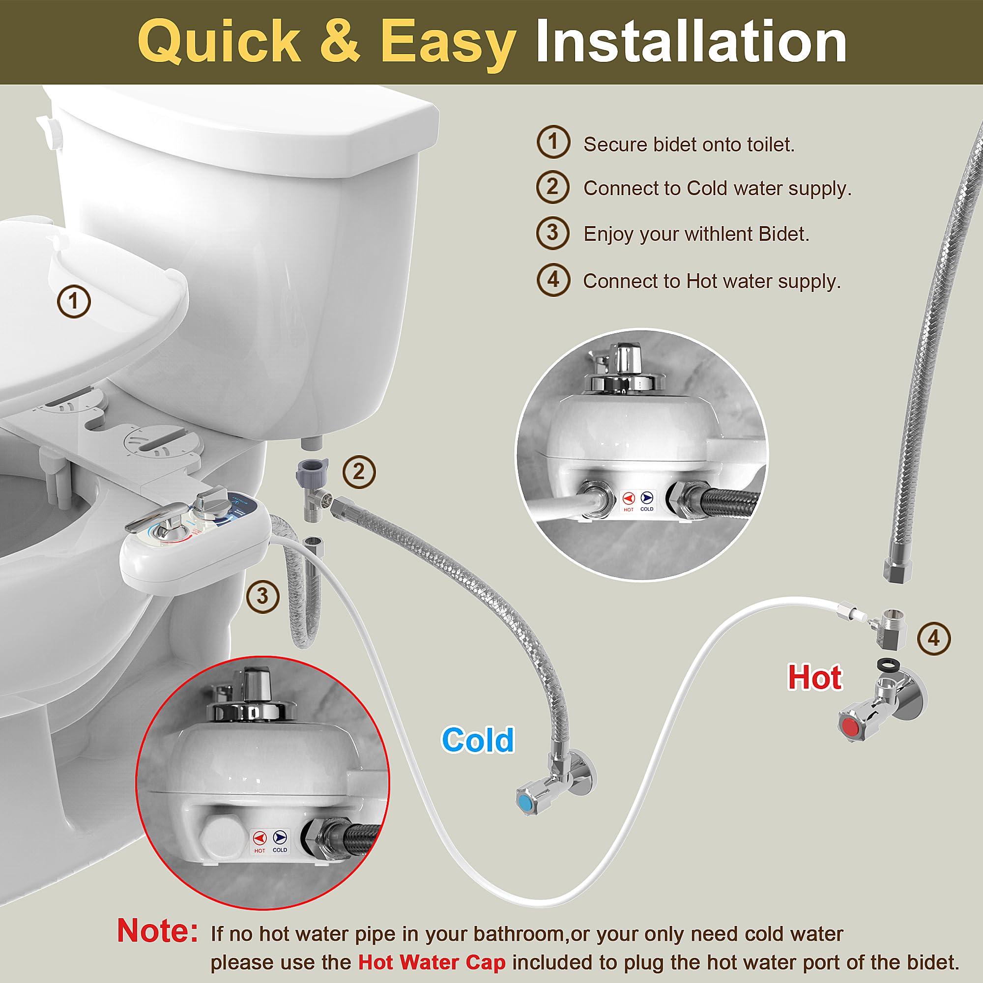 Toilette Japonaise Gauche - eau chaude Bidet Toilette WC non électrique pour toilette avec accessoire de toilette bidet à double buses，Nettoyage avant