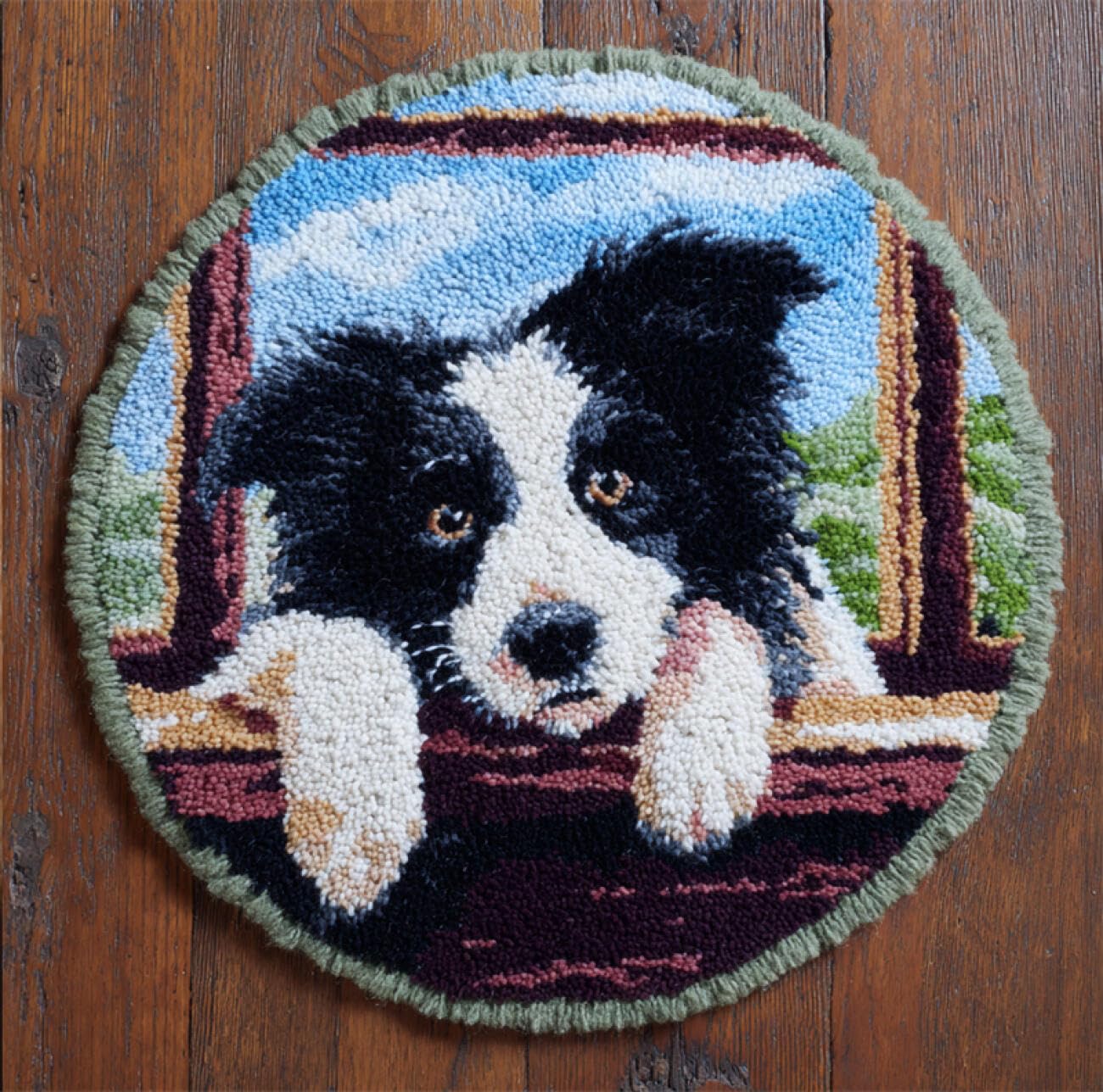 Kitquiver Dog Animal Latch Hook Rug Kits Border Collie By The Window DIY Rug Making Craft Kits with Yarn & Canvas and Crochet Needle Embroidery Decoration 100x100cm