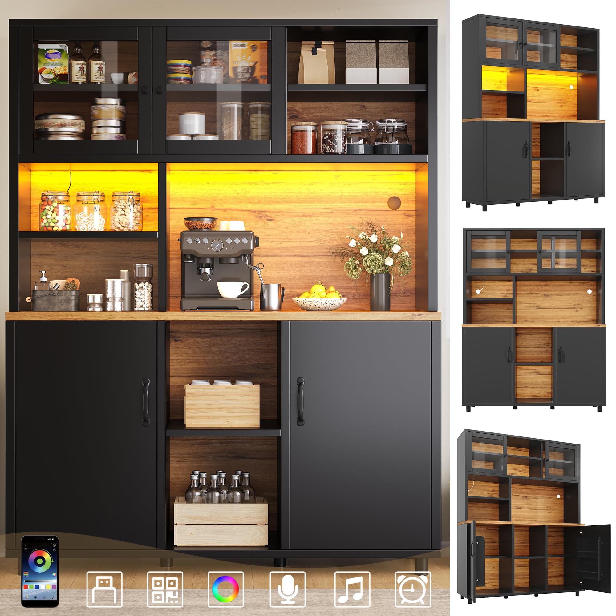 Küchenschrank mit LED, Hochschrank mit Schiebetüren & Arbeitsplatte, Buffetschrank mit Verstellbaren Regalen und Stauraum Regal, für Küche & Esszimmer & Wohnzimmer, Schwarz, 140x40.5x174.5cm