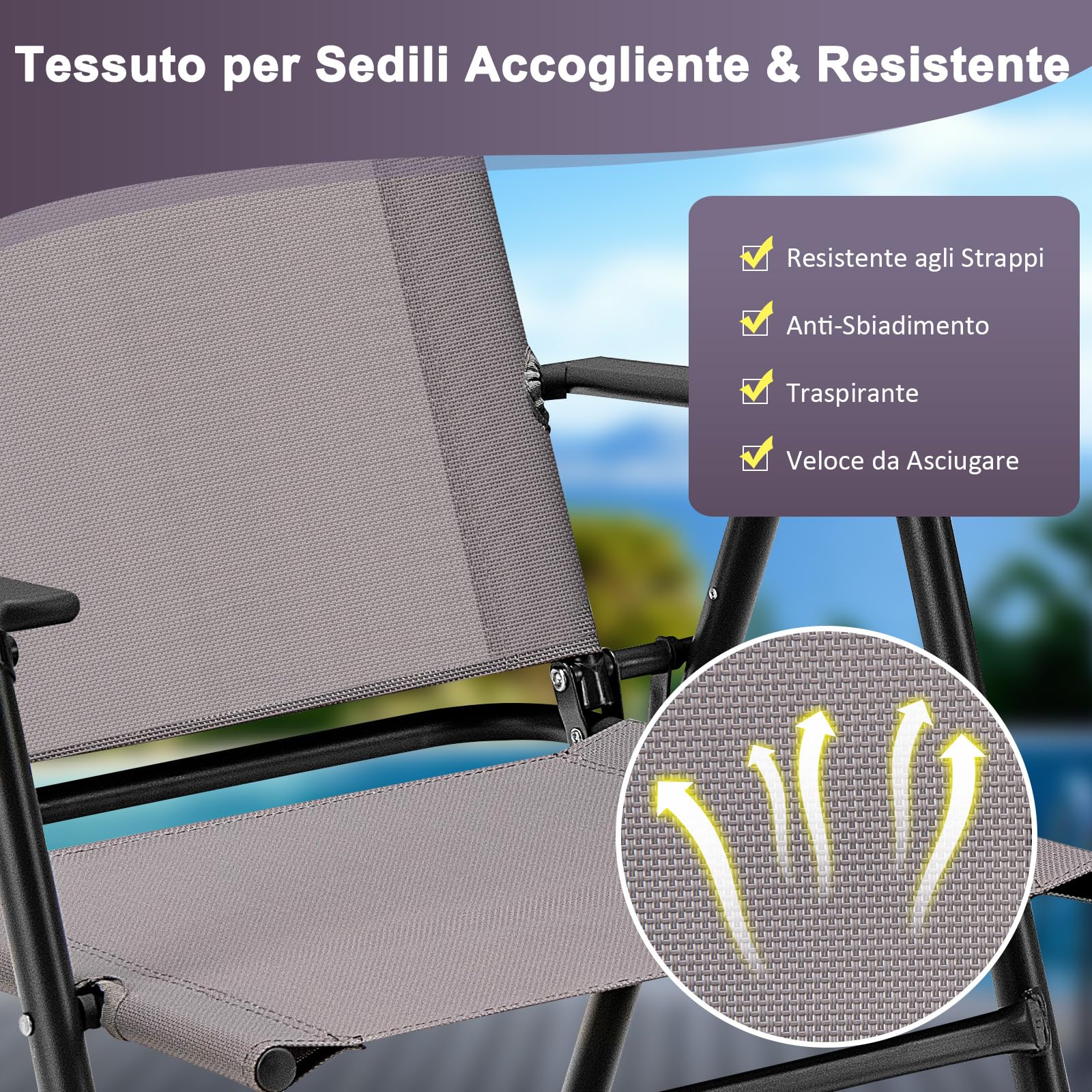 RELAX4LIFE Set di 2 Sedie Pieghevoli, Sedie da Giardino in Tessuto Traspirante, Braccioli e Poggiapiedi, Struttura in Metallo, Senza Montaggio, Portatili per Esterno, Max 150KG (Grigio, 59x50,5x93cm)