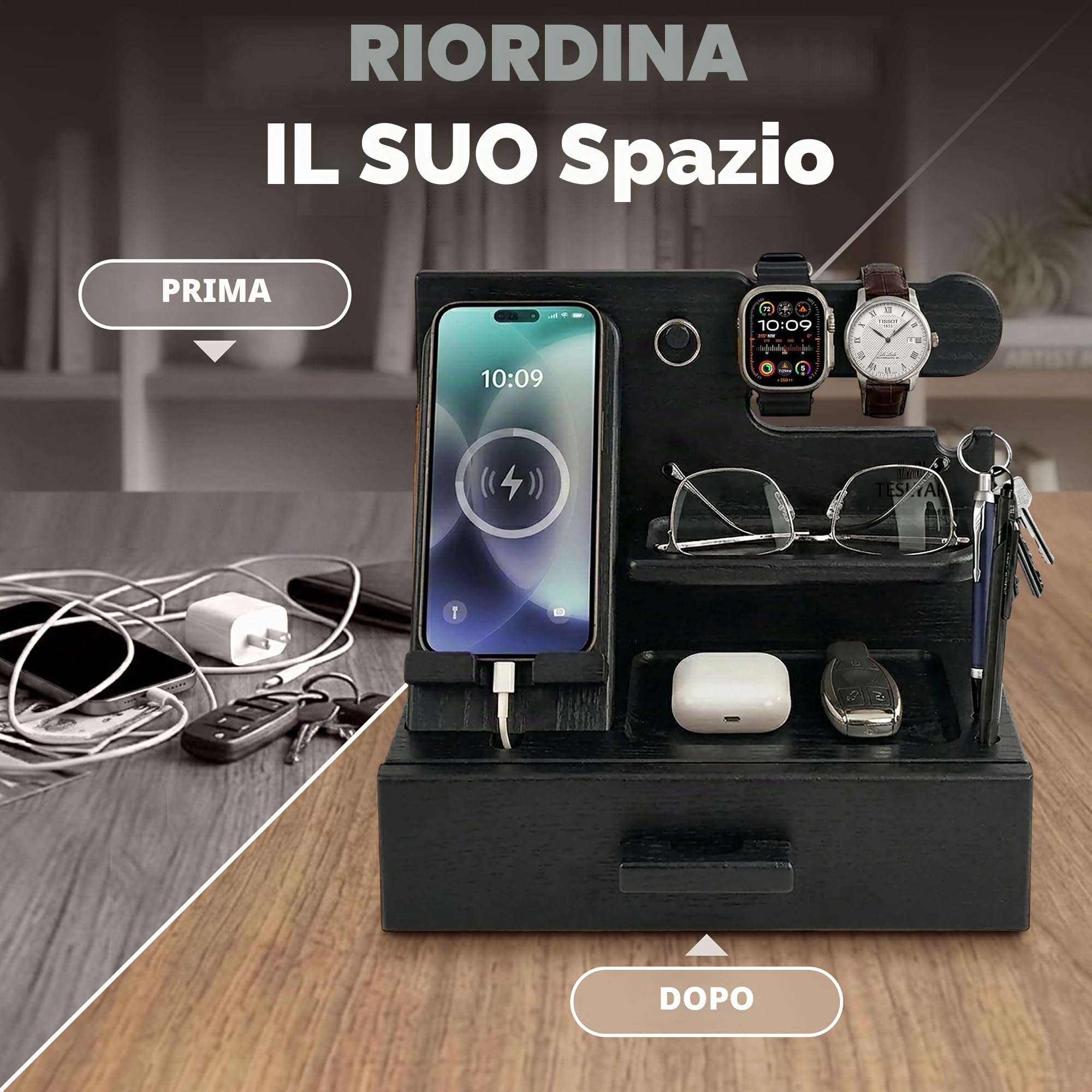 TESLYAR Docking station per telefono in legno con cassetto, organizer da comodino, organizzatore da scrivania per marito, regalo di compleanno per uomini, papà, idea di compleanno, portachiavi