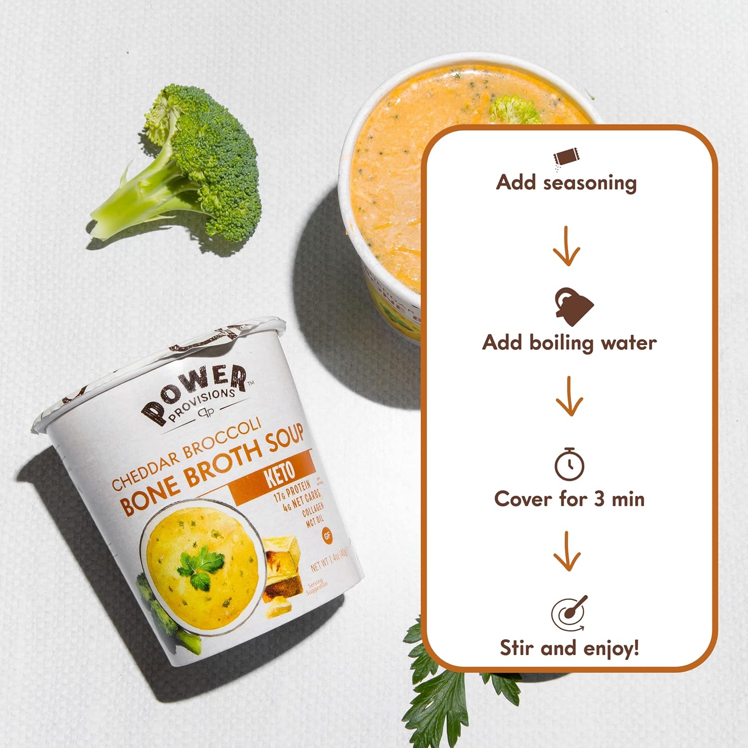 Power Provisions Cheddar Broccoli Bone Broth Soup Cups - Keto Instant Soup Cup - Collagen Infused with 17g of Protein - Gluten-Free Soup - 1.4 oz. - Pack of 6
