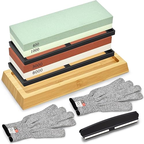 Kit de afilado de piedra húmeda, piedra de afilar de grano lateral de 4 lados 4001000 30008000, herramienta afiladora de cuchillos con base de bambú