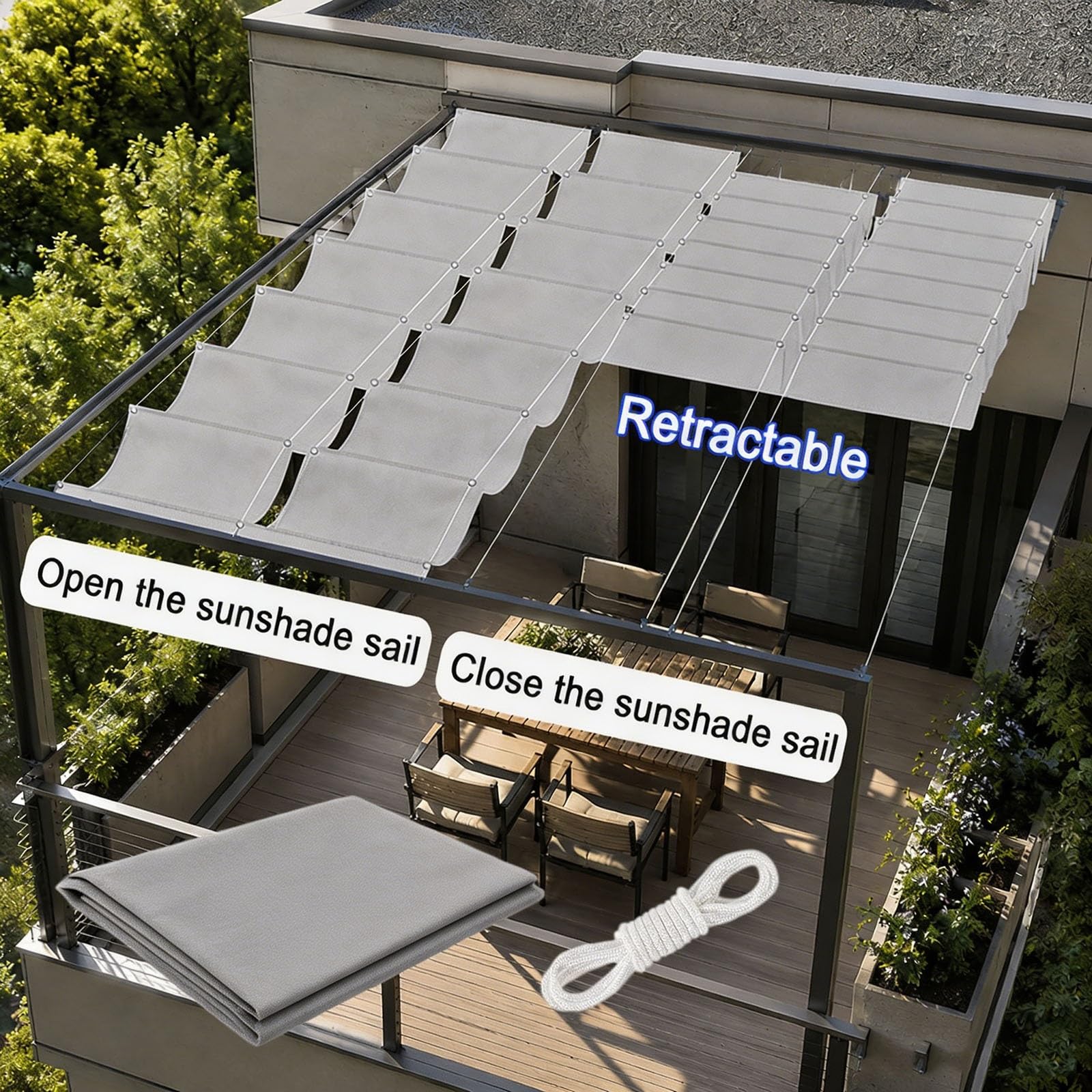 Ausziehbares Wellen-Sonnensegel 2.6 x 8 m 98% Uv-Schutz Reißfest Wetterfest Rechteckig Winterfest mit Ösen Verstellbare Schattenabdeckung für Balkon Terrasse Garten, Hellgrau