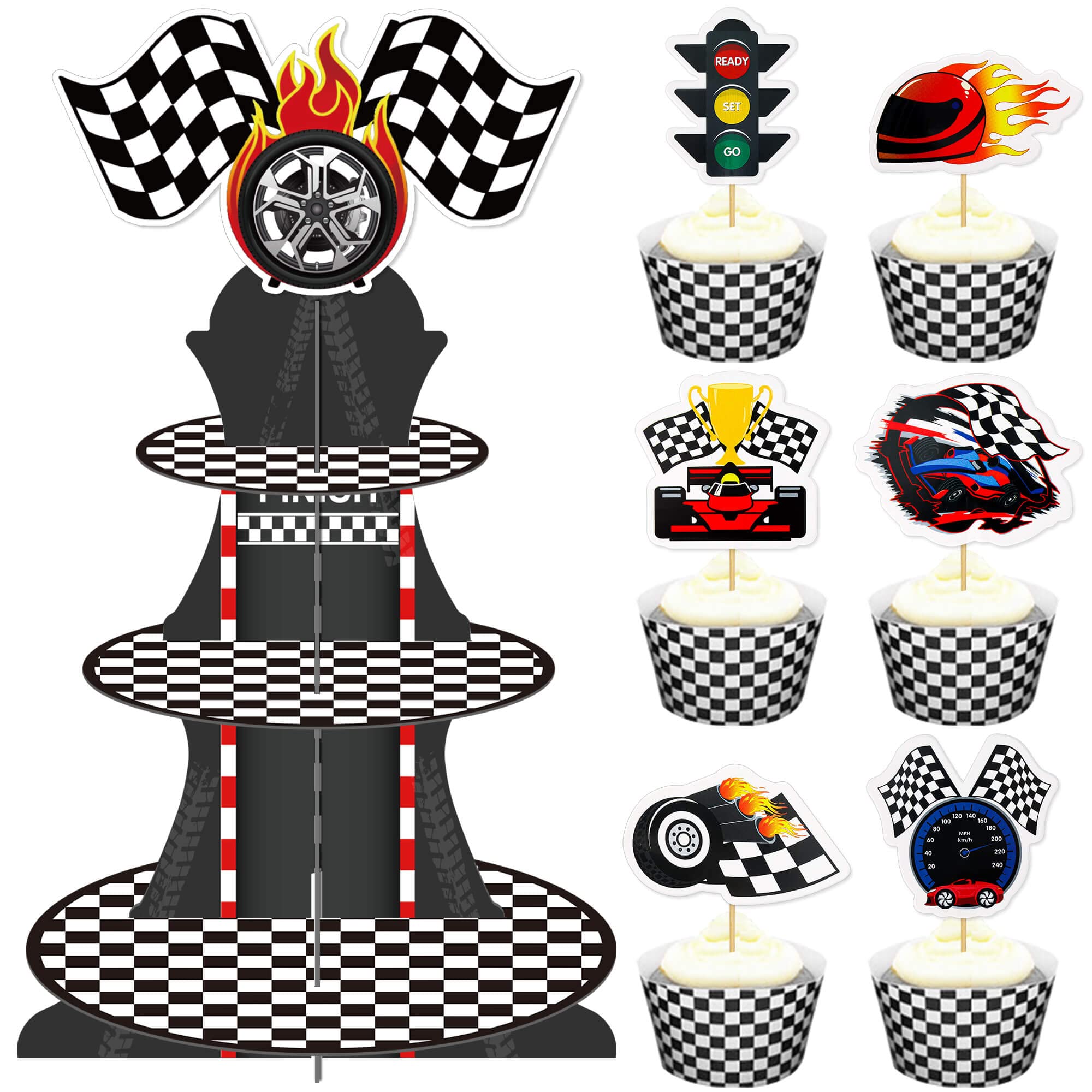 3-Tier Race Car Cupcake Stand - Black & White Checkered Cardboard Display For 8-12 Cupcakes