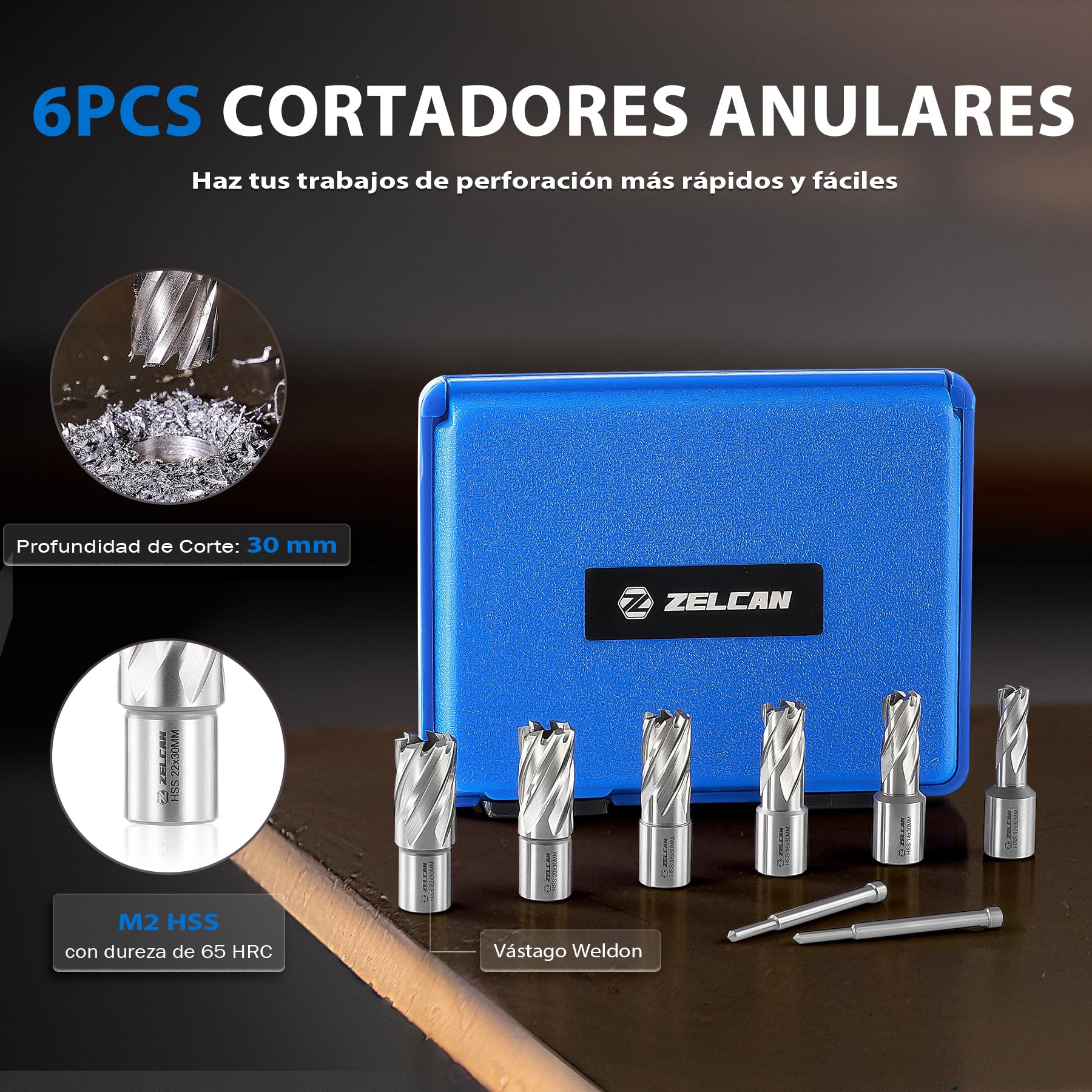 ZELCAN 6 Piezas Juego de Cortadores Anulares, Brocas para Taladro Magnético,12 a 22 mm de Diámetro, 30 mm de Profundidad, Cortadores Anulares HSS con Espiral, 2 Pasadores Guía