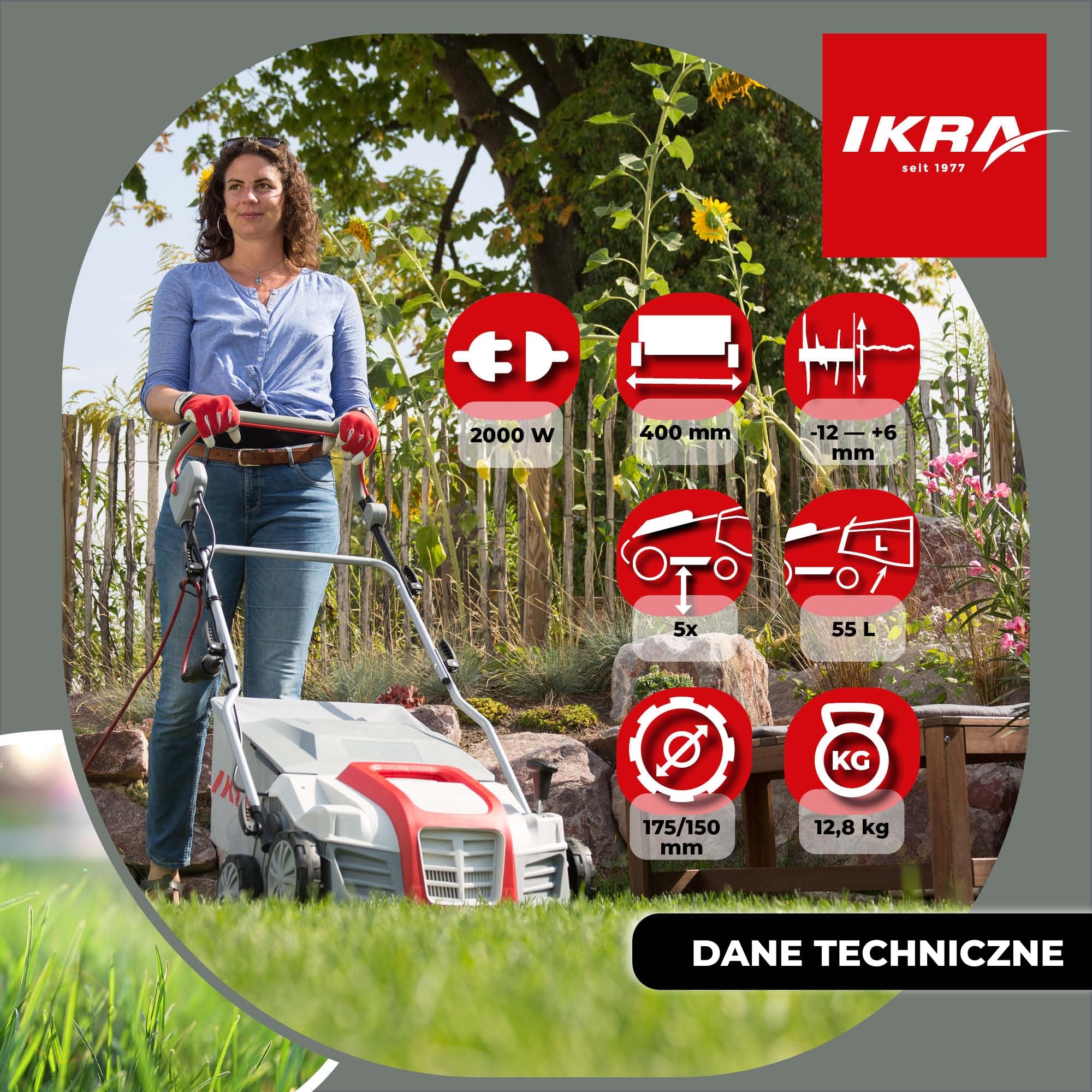 IKRA Aerator i Wertykulator elektryczny IEVL 2000, worek wychwytujący 55 l, szerokość robocza 40 cm, moc 2000 W