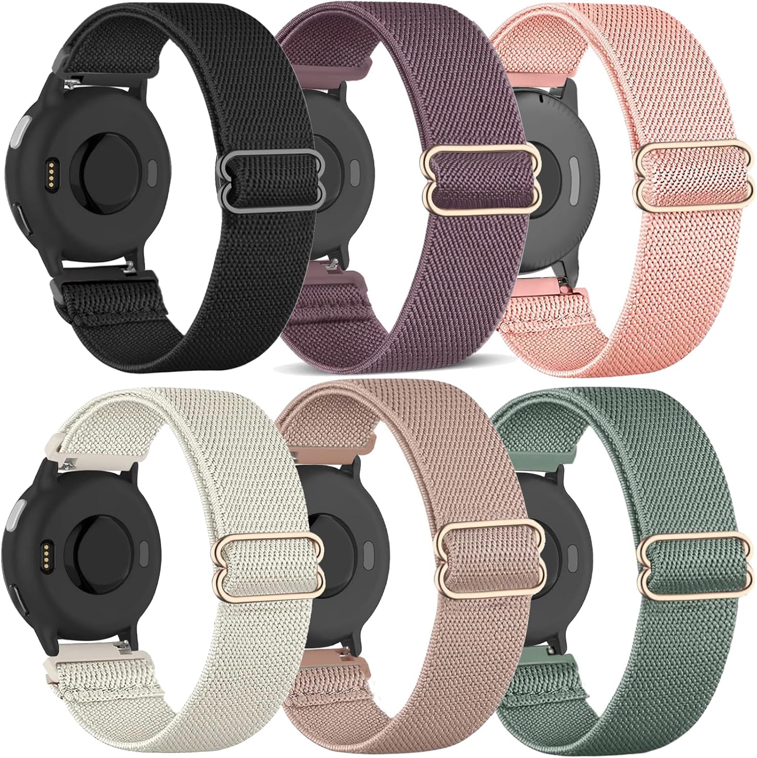 6 Pack Stretchy Nylon Watch Bands Compatible with Garmin Vivoactive 6/Vivoactive 5/3/3 Music, 20mm Soft Loop Elastic Sport Replacement Straps for Garmin Venu SQ/Forerunner 55/165/245 Men Women