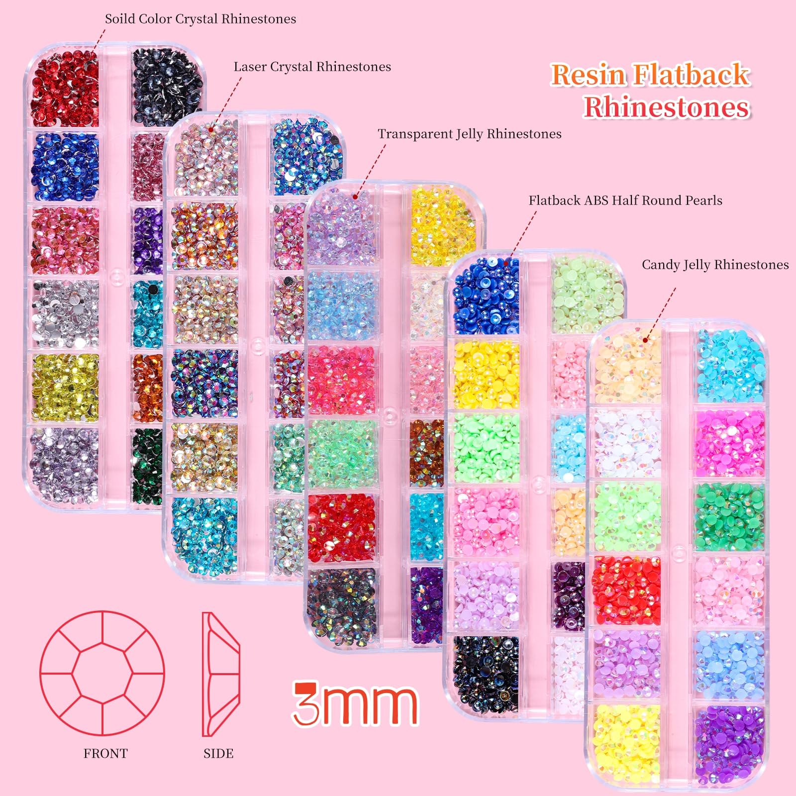 5 cajas de 7200 piezas de diamantes de imitación de cristal brillante, con parte trasera plana, gemas de sirena AB multicolor transparentes con bolígrafo recogedor y pinzas curvadas para salón de 3