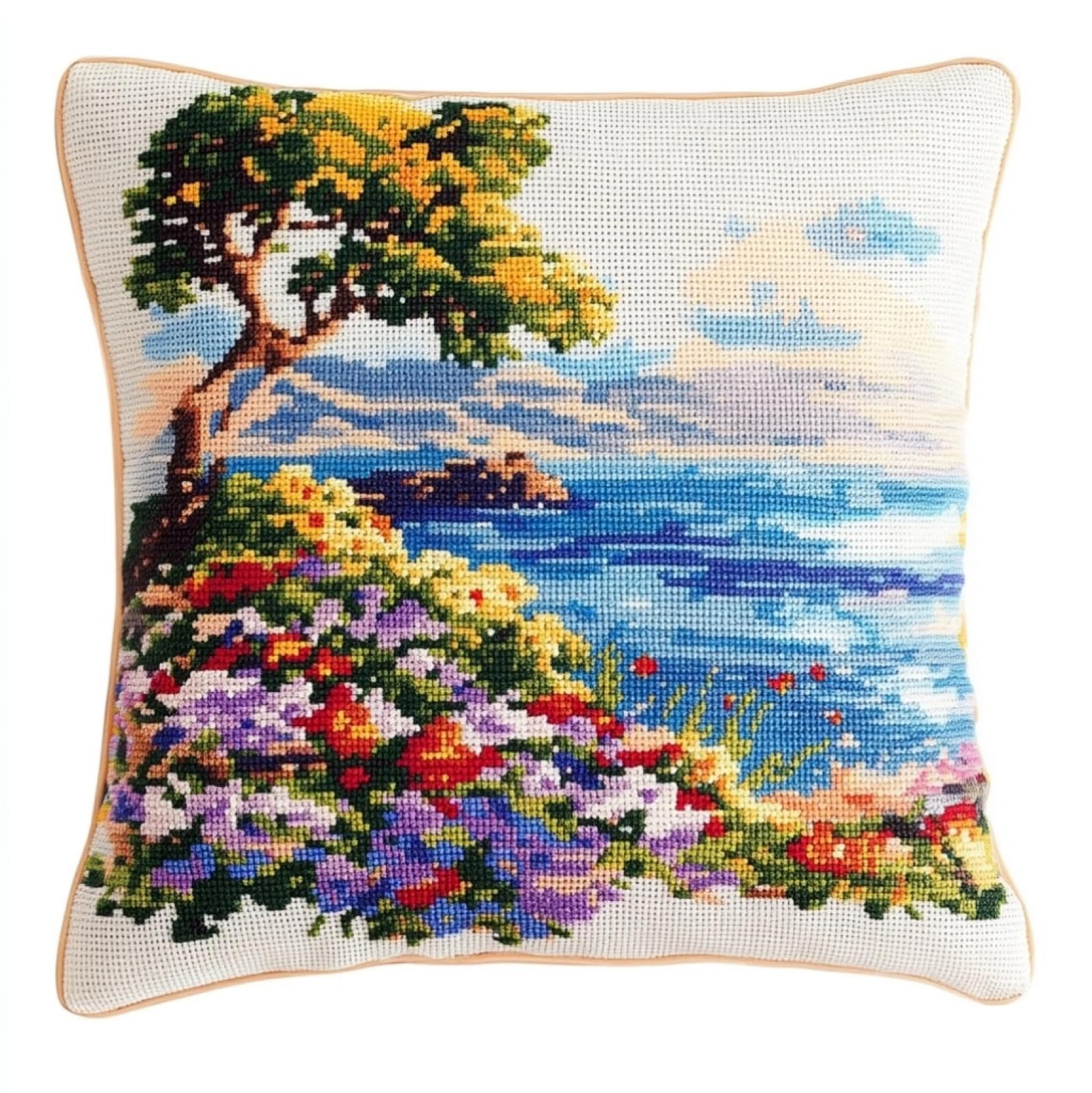 WallustrioaW Cross Stitch Throw Pillow Cushion Kit,Flowers by the sea Needlepoint Craft Set 18x18in Cushion Kit pre Printed Handmade Cushion Cover
