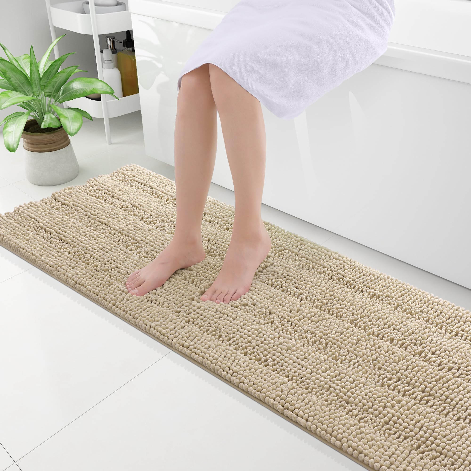 Grandaily Chenille Bathroom Rugs 59x20, Soft Absorbent Bath Mats, Beige