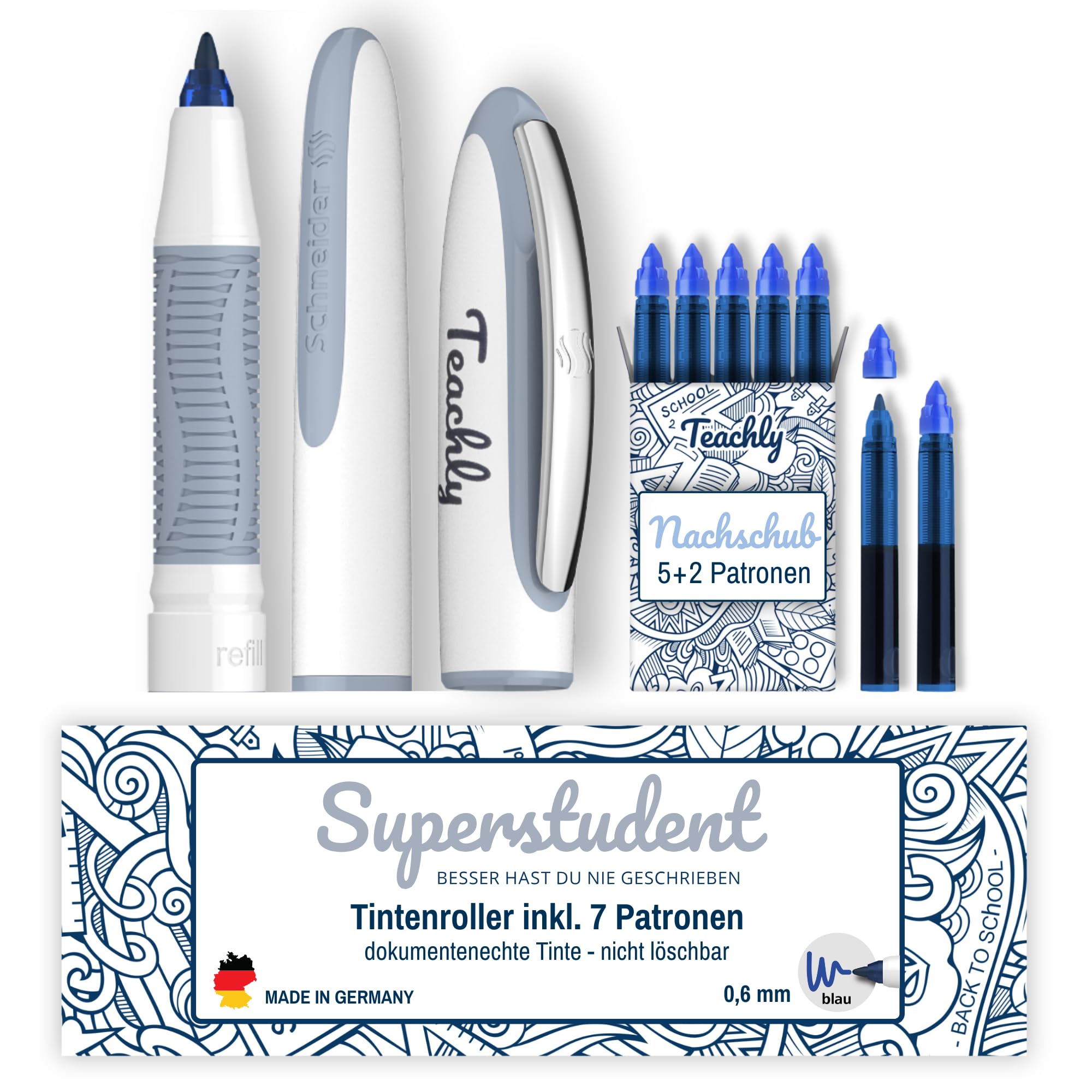 Teachly Tintenroller Superstudent (Anthrazit) - inkl. 7 blauen Patronen | Nachfüllbarer Tintenroller für Schule & Studium - Inkl. Geschenkverpackung