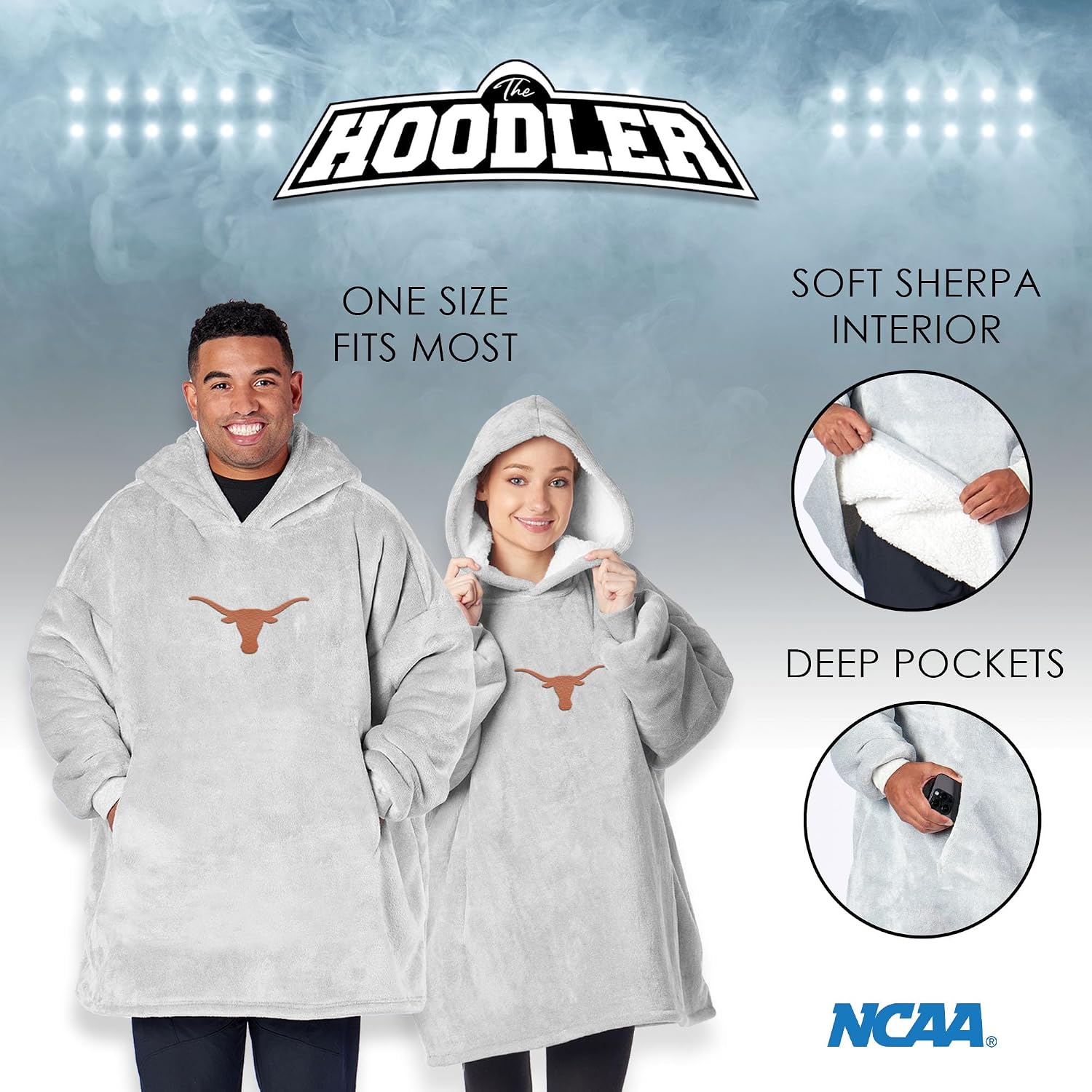 Northwest NCAA Texas Longhorns Hoodler Oversized Sherpa Pullover, Embroidered Logo,Plush Wearable Blanket Sweatshirt, Soft Fleece with Front Pocket, One Size Fits Most