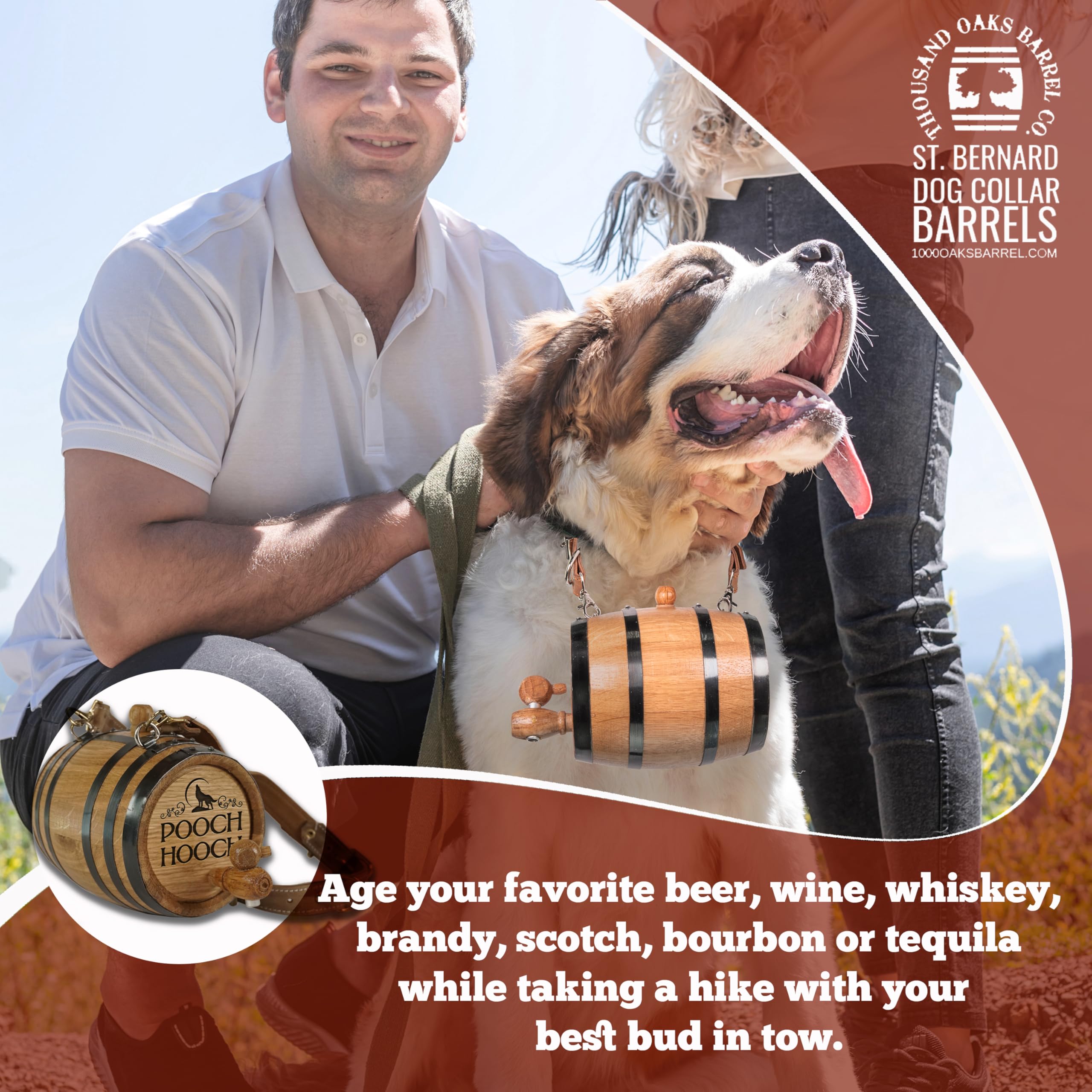 St. Bernard Whiskey-Fass-Halsband für Hunde, Pooch Hooch' – 1/2 Liter Eichenfass Spender für Bernhardiner-Hunde mit verstellbarem Hundegeschirr aus echtem Leder | Mit verkohlter Eichenalterung, verstellbarem Ledergurt, Pooch Hooch Alpenrettungshundezubehö