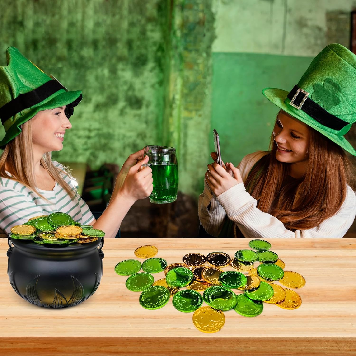 Black Cauldron with Handle and 208 St Patrick’s Day Plastic Coins Gold Green Lucky Leprechaun Pot of Gold Party Supplies St Patrick Decorations Party Favors for Adult St Patrick’s Day Celebrations