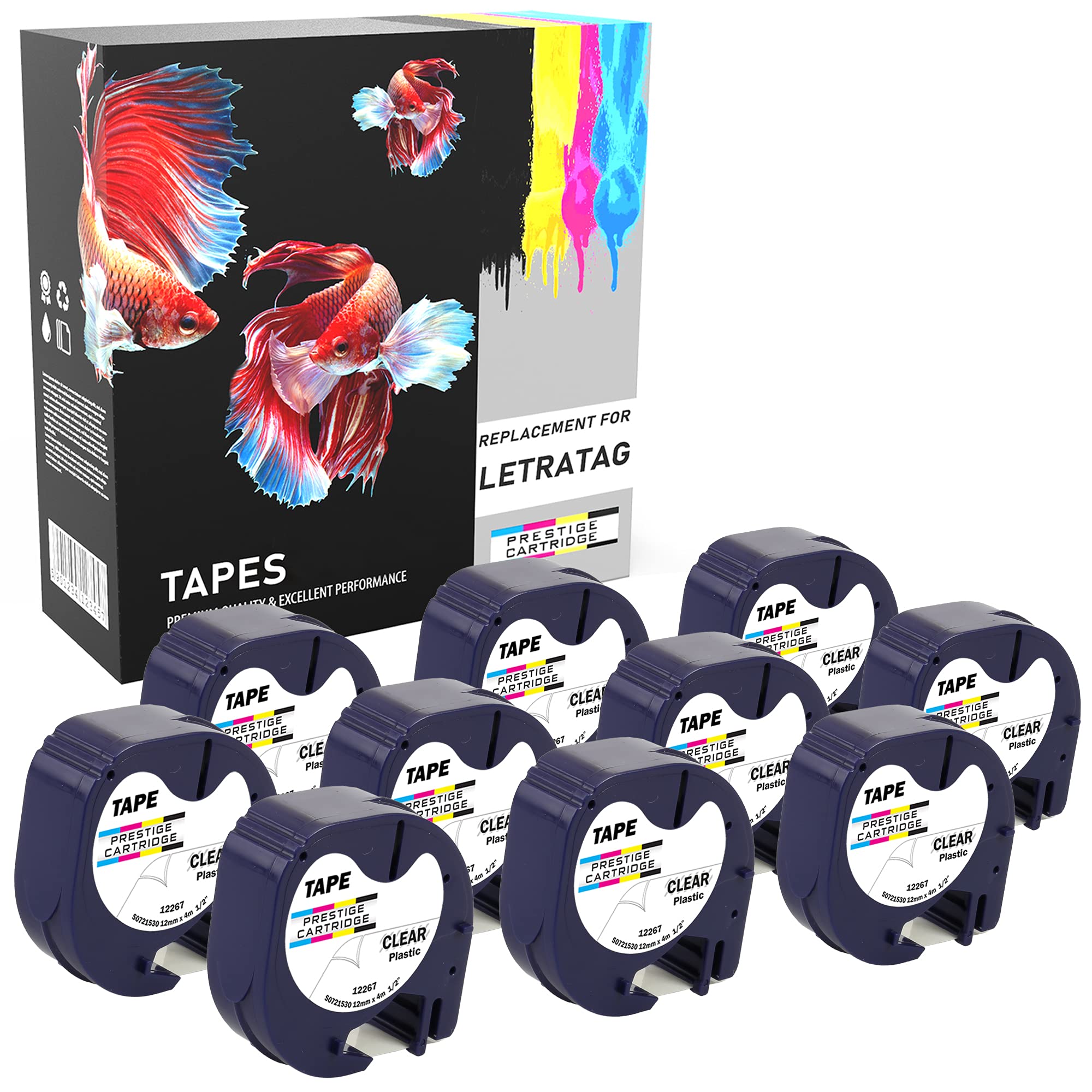 Prestige Cartridge 10 Compatible 12267 S0721530 S0721550 Black on Clear 12mm x 4m Plastic Label Tapes for LetraTag LT100H LT100T LT110T QX50 XR XM 2000 Plus Label Makers