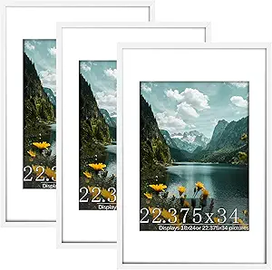Picrit 22.375x34 Picture Frame 3 Pack, White Poster Frame, Display Poster 18 x 24 with Mat or 22.375 x 34 without Mat for Horizontal or Vertical Wall Mounting