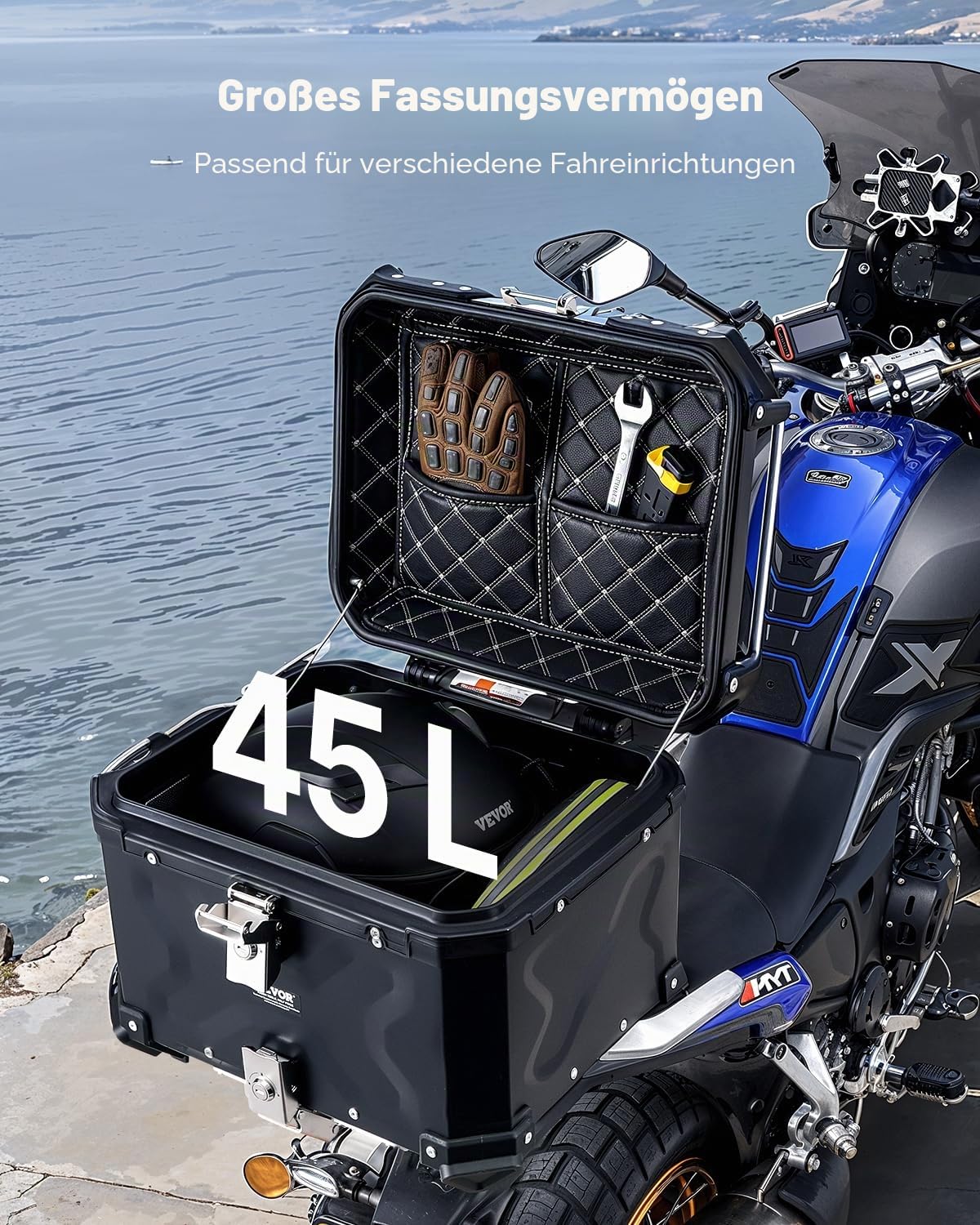 VEVOR Motorrad-Topcase 45 L Aluminiumlegierung Heckbox mit Schloss Rückenpolster Helmkoffer Schwarz