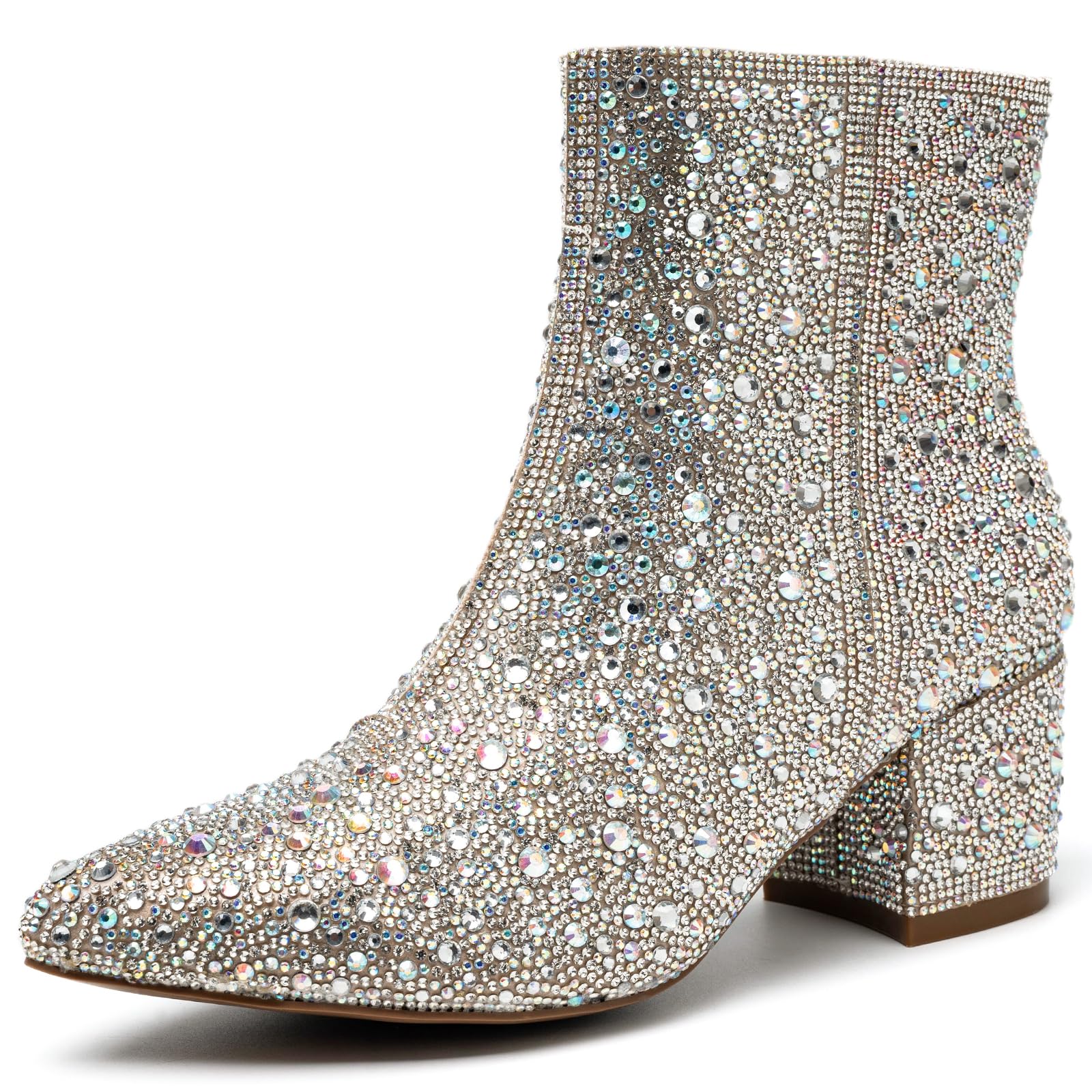YAYONE Rhinestone Zipper Sparkly Ankle Boots - Glitter Pointed Toe Fashion Comfortable Shoes, Pull on Chunky Heel Western Boots